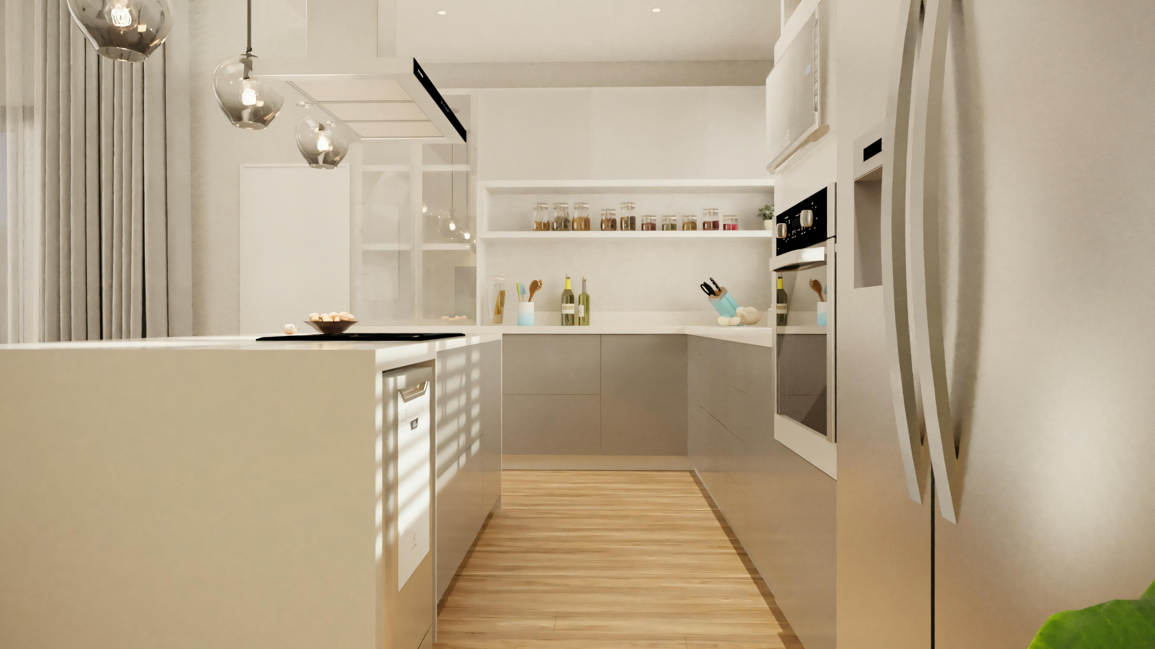 Uma cozinha moderna com armários brancos, piso de madeira e eletrodomésticos embutidos.