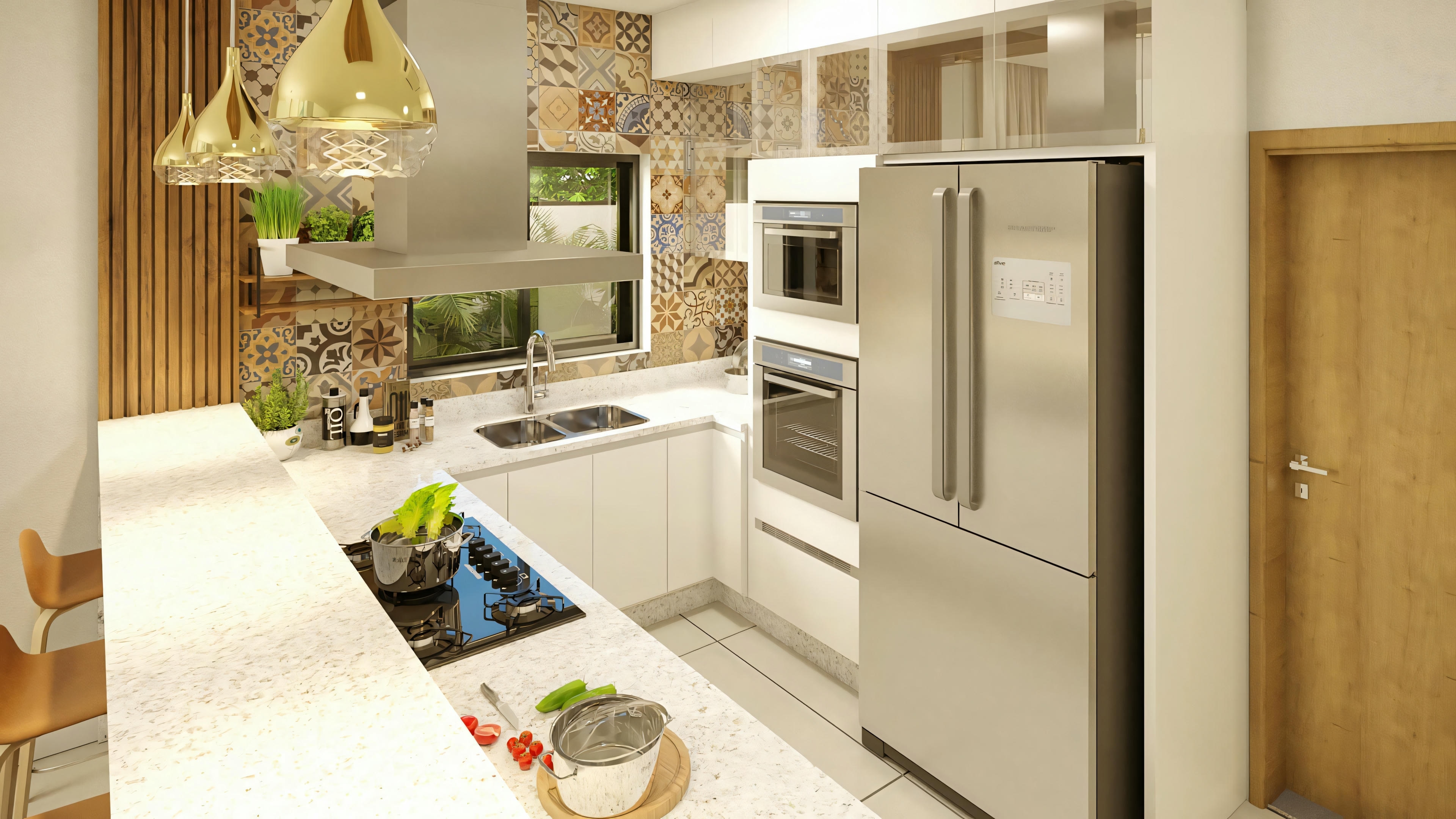 Uma cozinha com armários de madeira, eletrodomésticos de aço inoxidável, incluindo geladeira e forno, com luminárias pendentes acima do balcão.