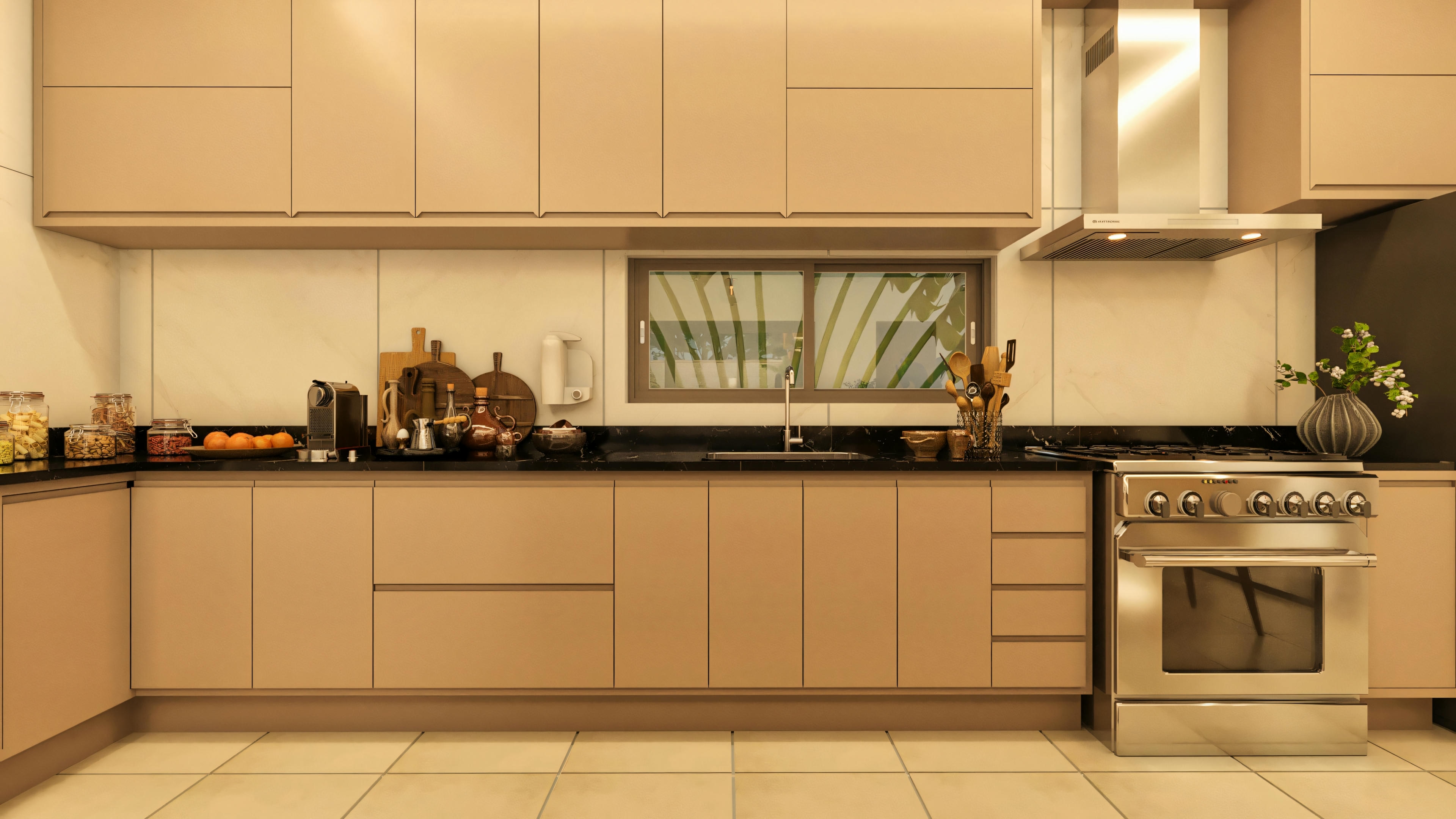 Cocina moderna con gabinetes empotrados en tono claro y electrodomésticos de acero inoxidable.