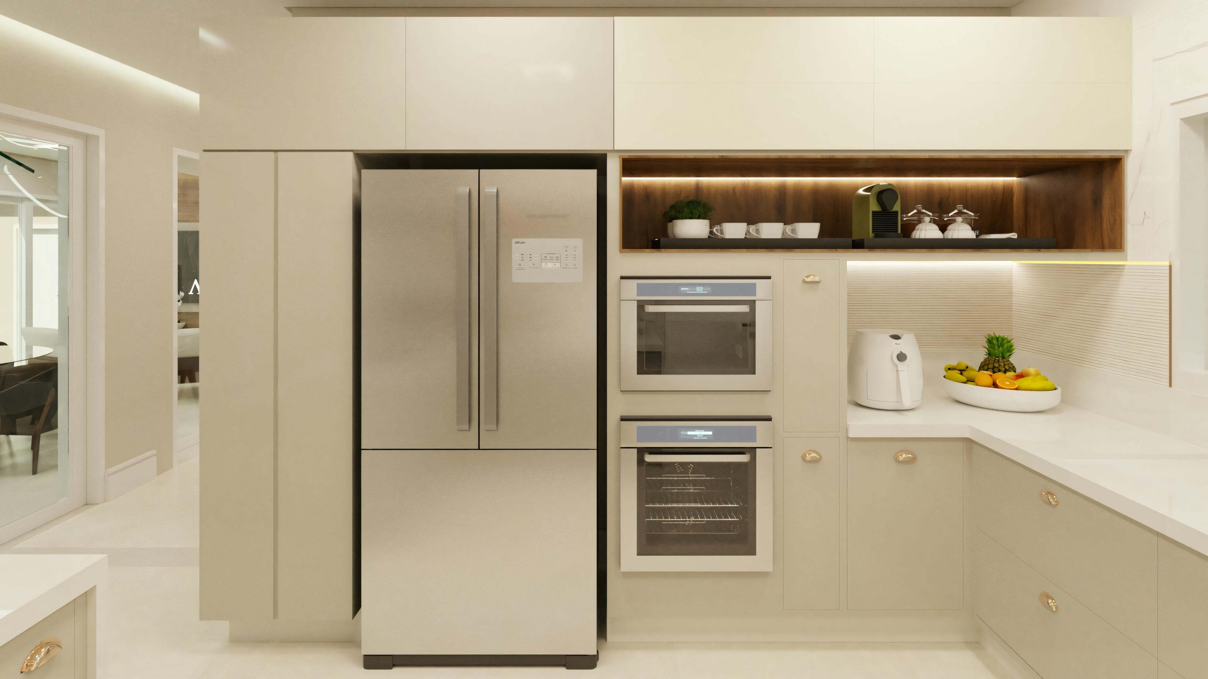 Uma cozinha moderna com eletrodomésticos embutidos, incluindo geladeira, forno e micro-ondas, em armários brancos.