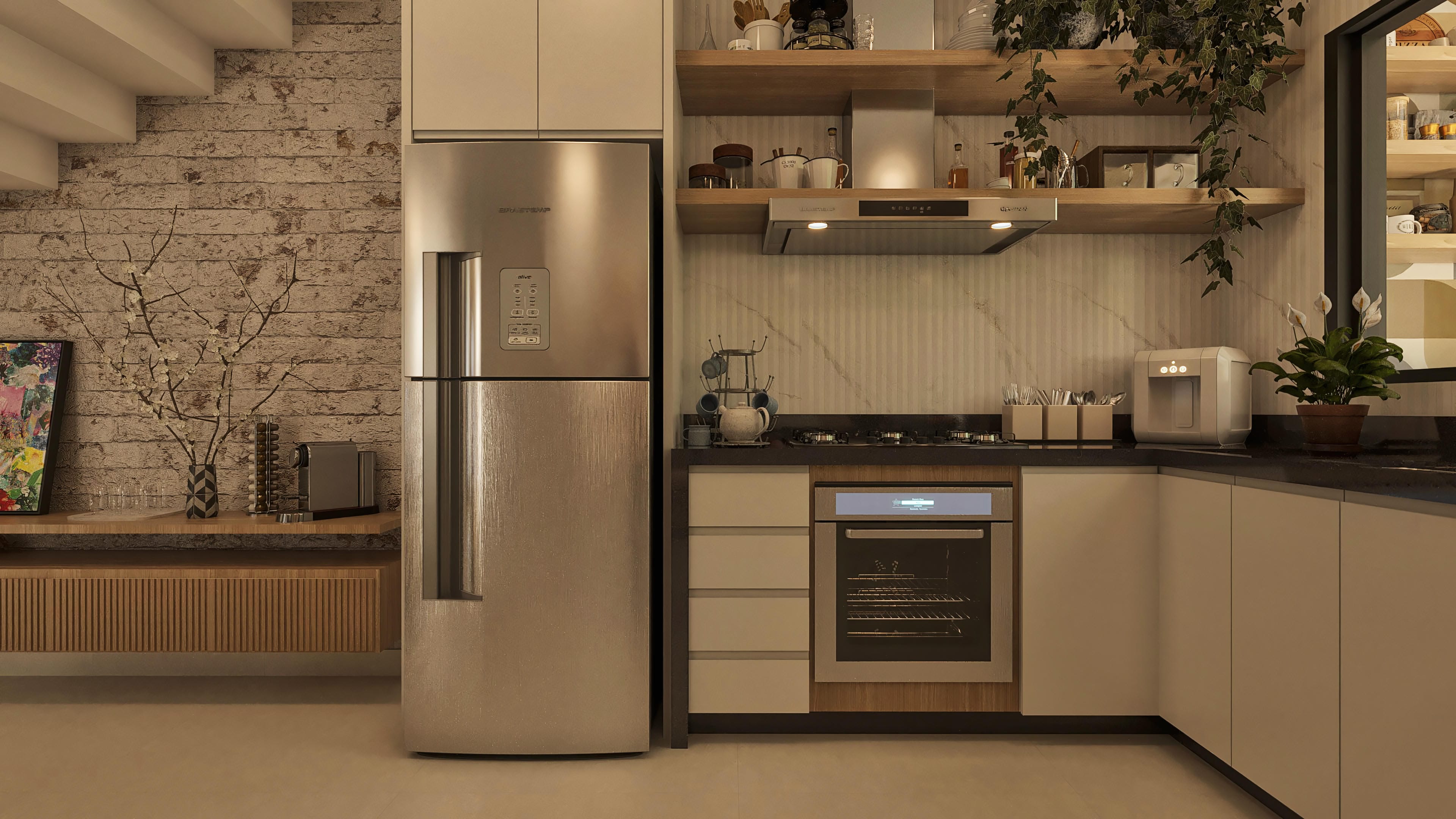 Cozinha moderna com armários claros, geladeira inox e bancada escura. Detalhe em parede com textura de tijolos e prateleiras de madeira.