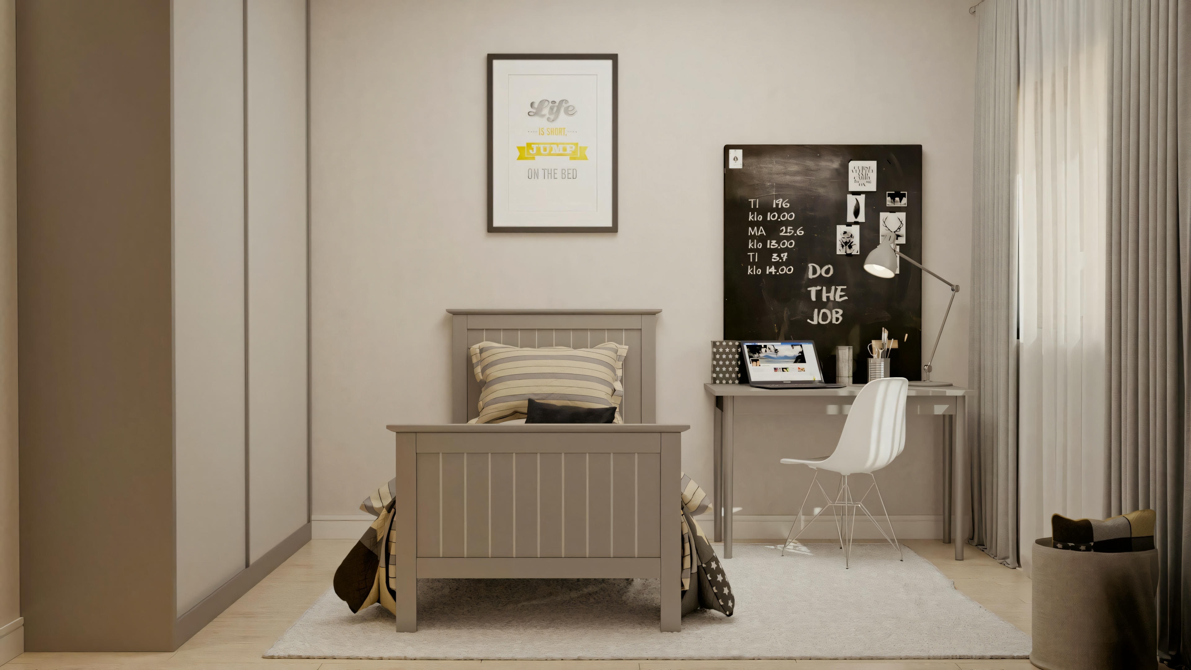 Un dormitorio con paredes beige y una pequeña silla marrón al lado.