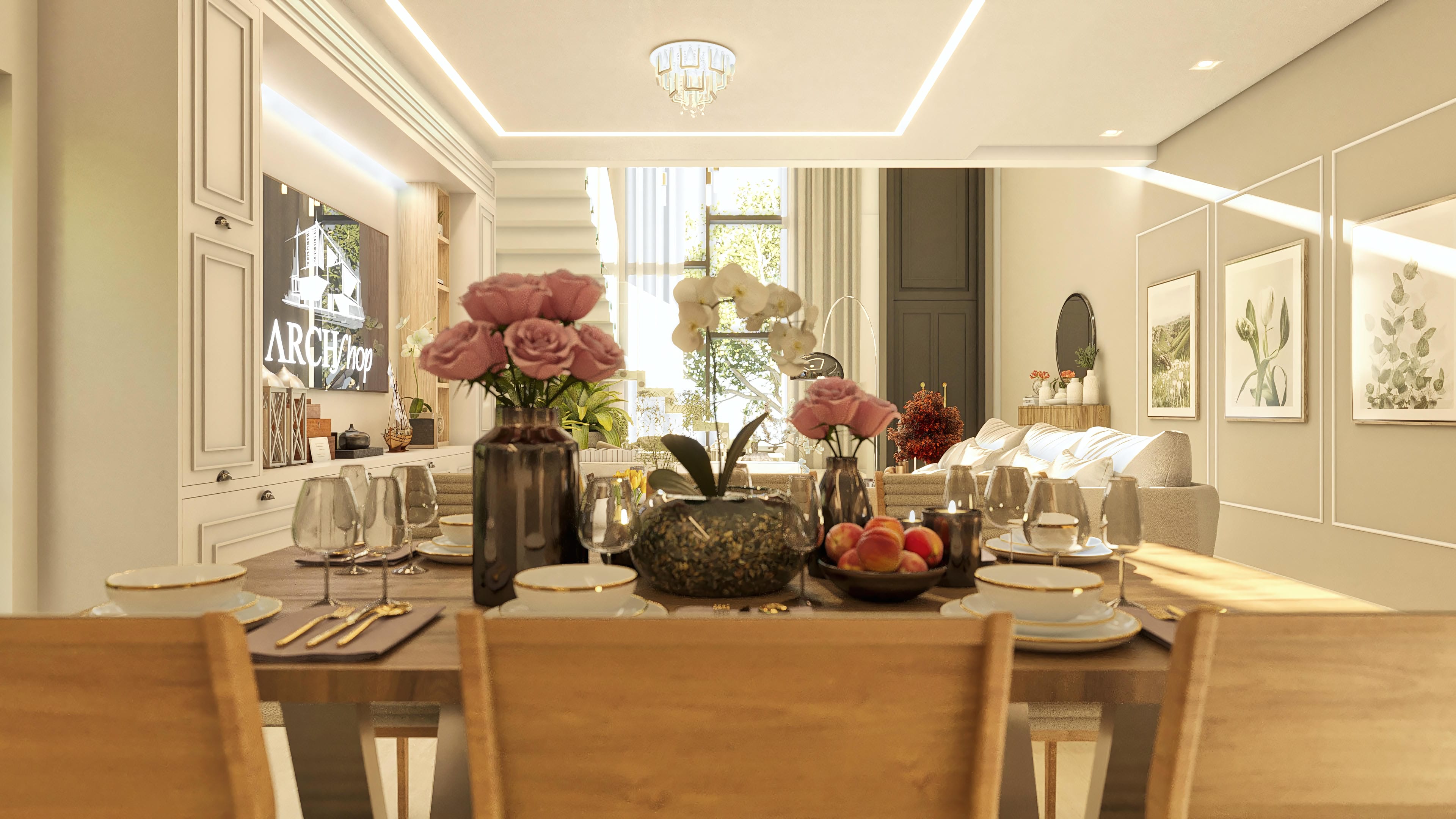 Dining room with an elegant table setting and classic moldings, connected to a living room with sophisticated decoration.