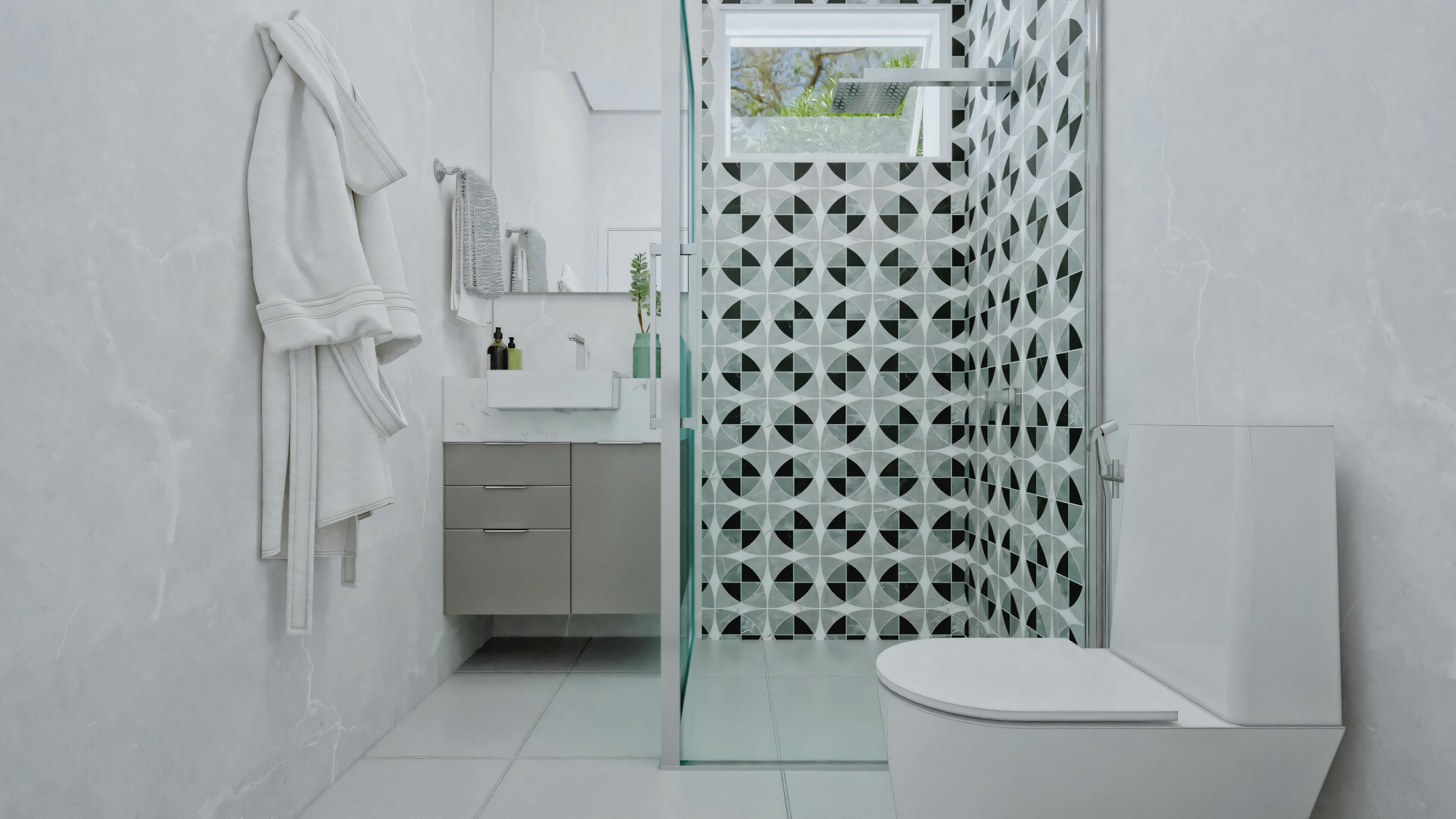 Entrance or hallway with patterned wallpaper and stairs.