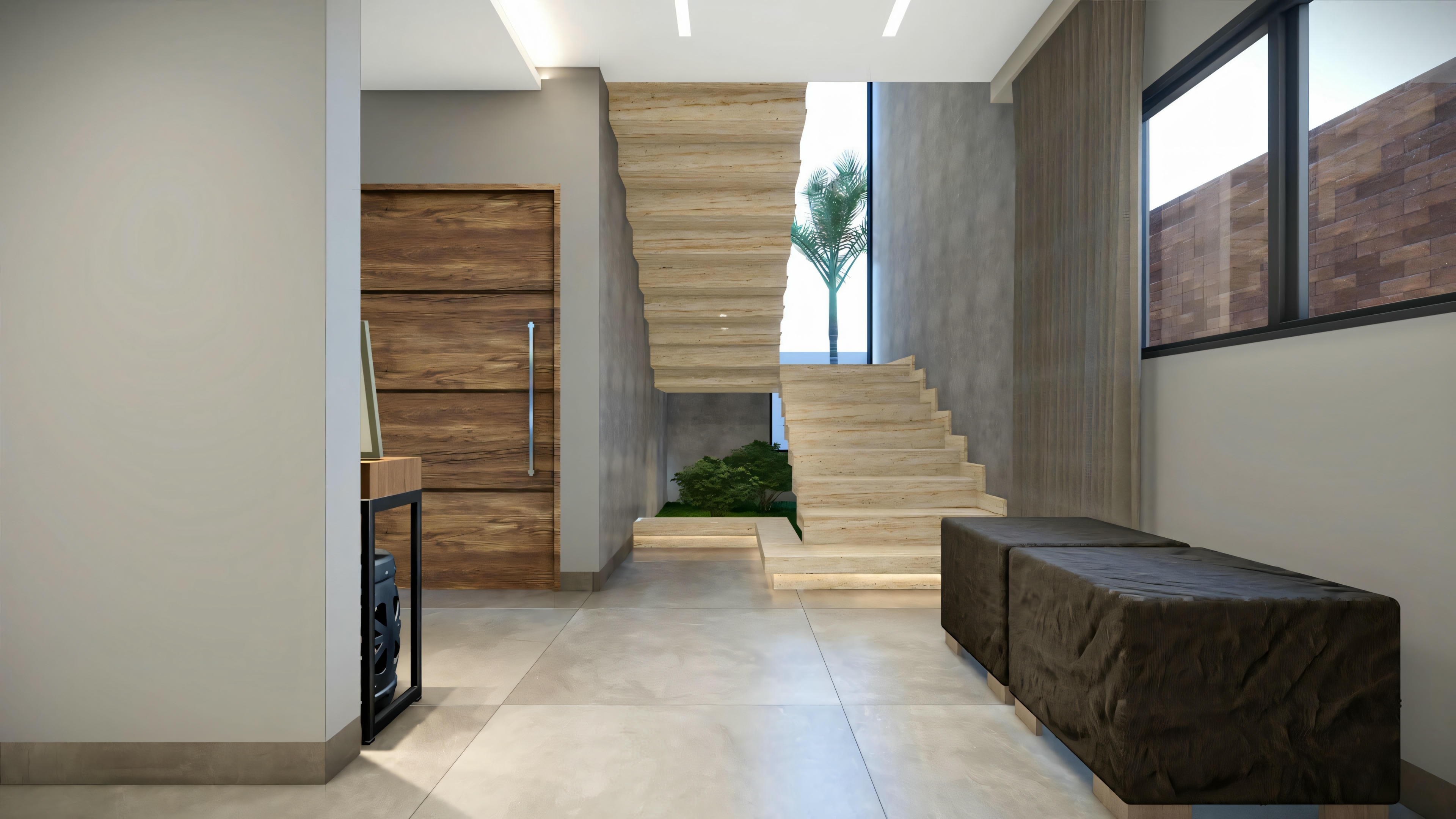 Entrance with stairs, bench on one side, and decorative piece on the other.