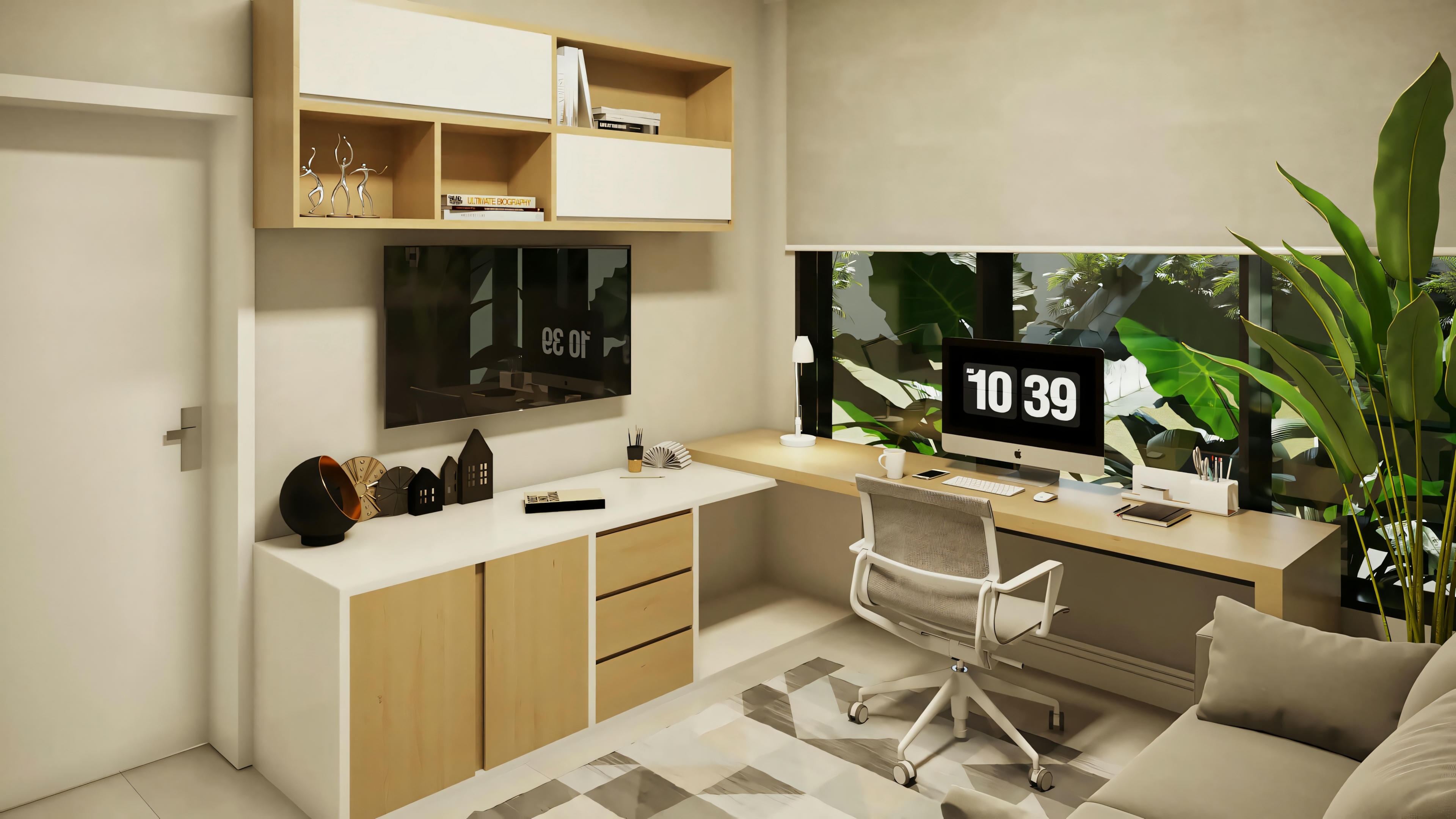 Escritorio/home office planificado en proyecto de casa lista moderna. Ambiente con encimera en L, armarios, estanterías, silla ergonómica y sofá, con vista al área verde exterior.