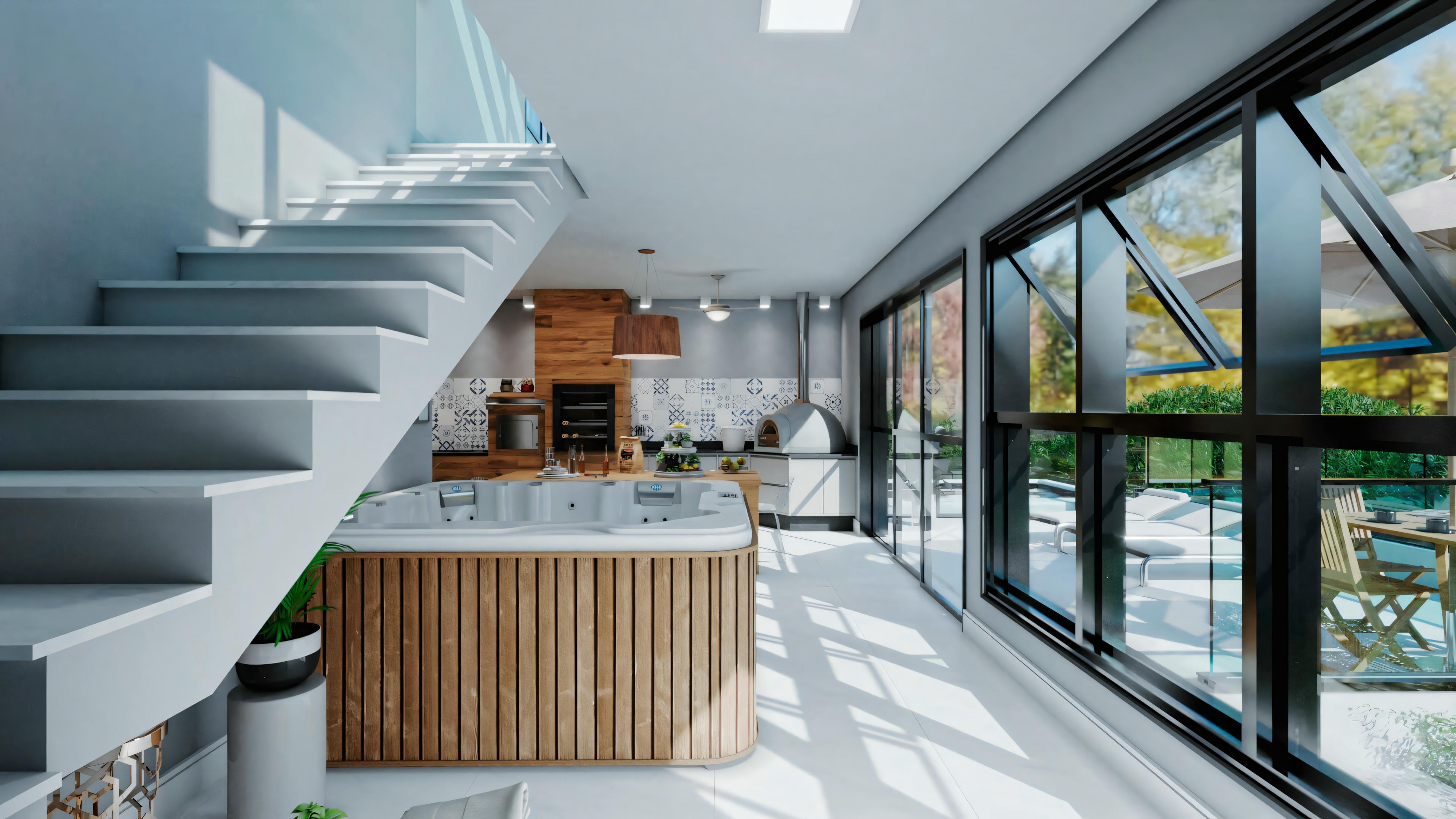 Espaço interno com uma escada em espiral branca em primeiro plano, levando a um nível superior; a sala é cercada por grandes janelas com vista para a vegetação externa.