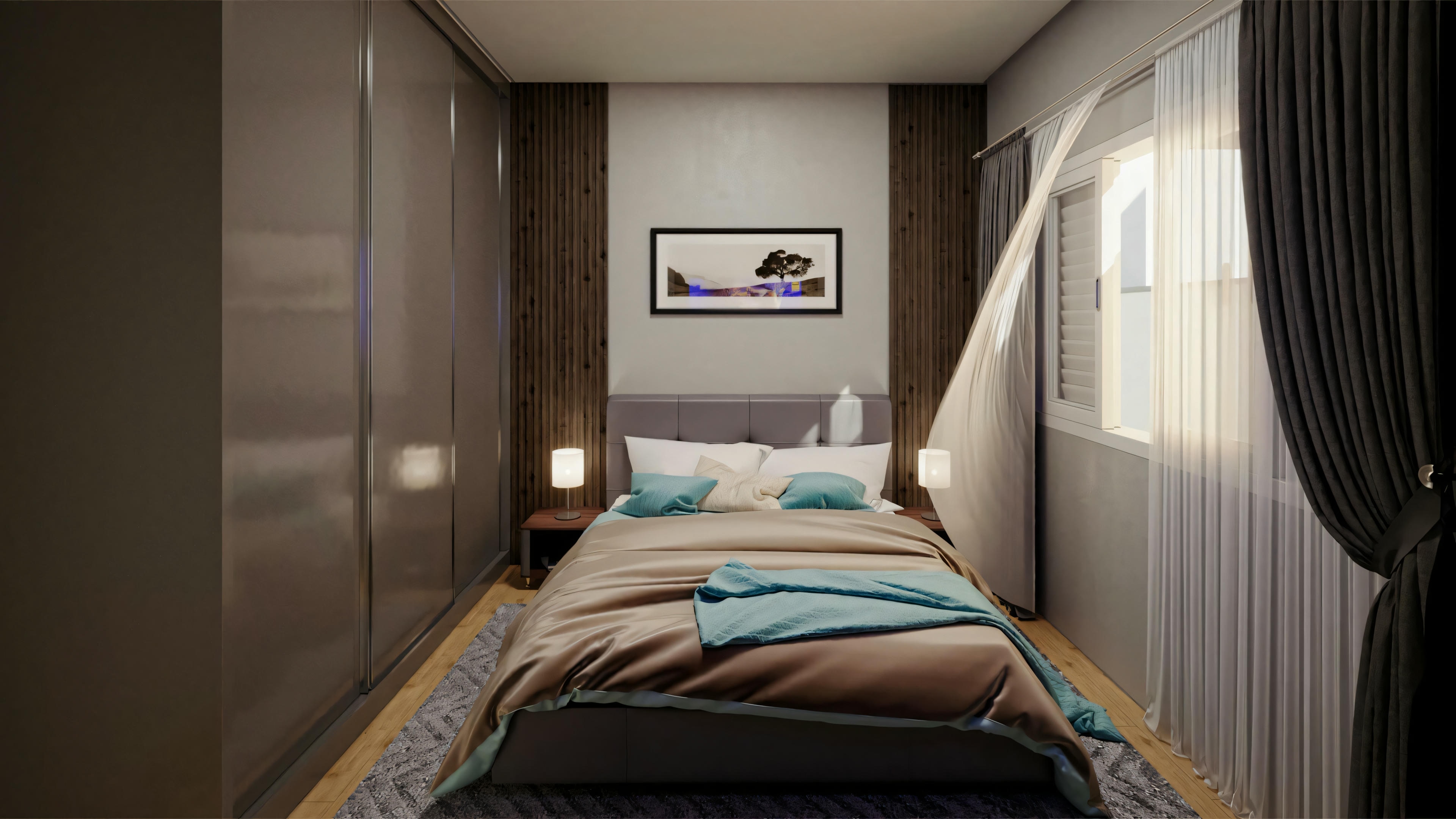 Una habitación con cama, mesitas de noche, luminaria y un escritorio con silla. Las paredes tienen papel tapiz estampado y hay una gran ventana com cortinas.