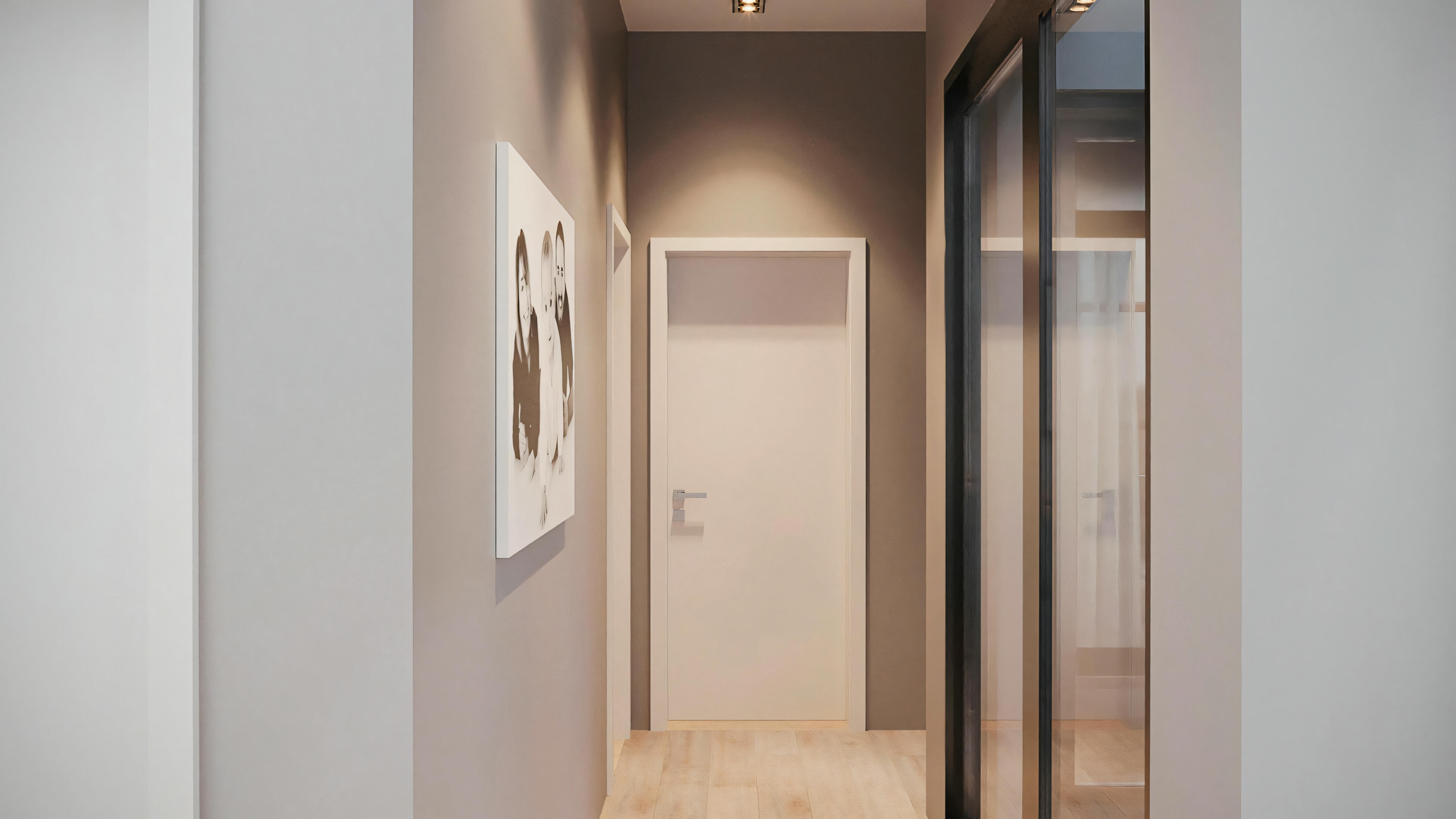 Una habitación moderna con grandes ventanales y cortinas.