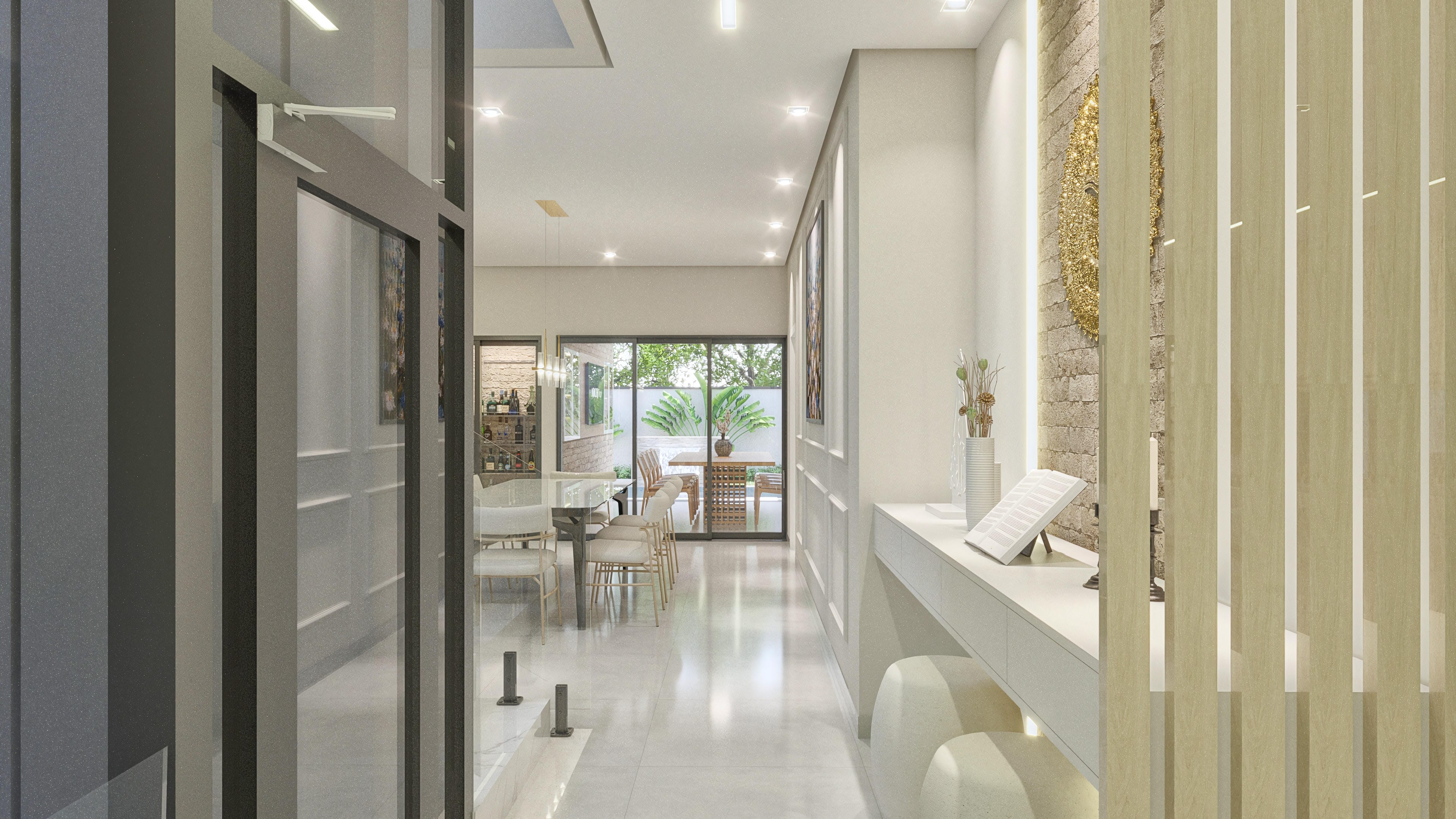 Interior elegante con suelo claro pulido, paredes con detalles en piedra y sofisticada carpintería, iluminación indirecta y separador vertical con acabado texturizado.