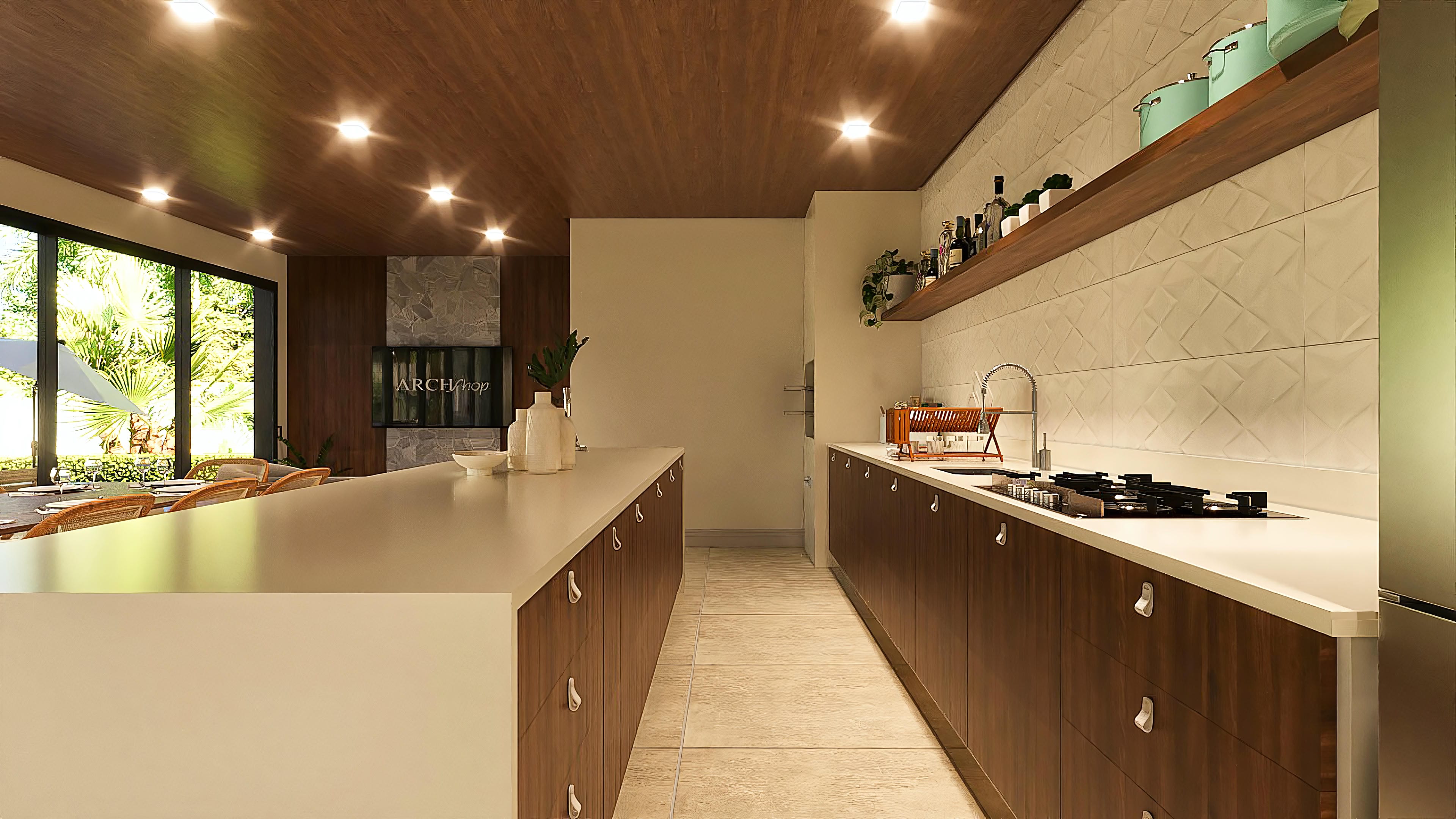 Kitchen with central island, dark wood cabinets and light countertop, textured wall cladding, and wooden ceiling with recessed lighting.