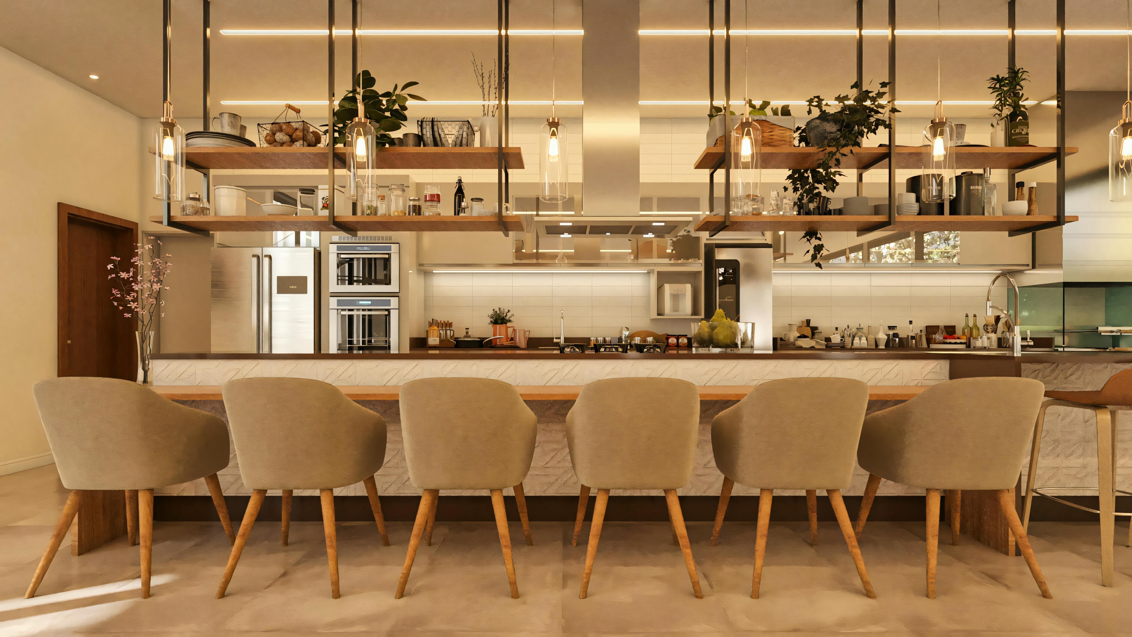 Detail of the gourmet kitchen in a modern house project. Island with countertop for meals, upholstered stools, planned cabinets, suspended shelves, and built-in appliances. Functional and sophisticated design.