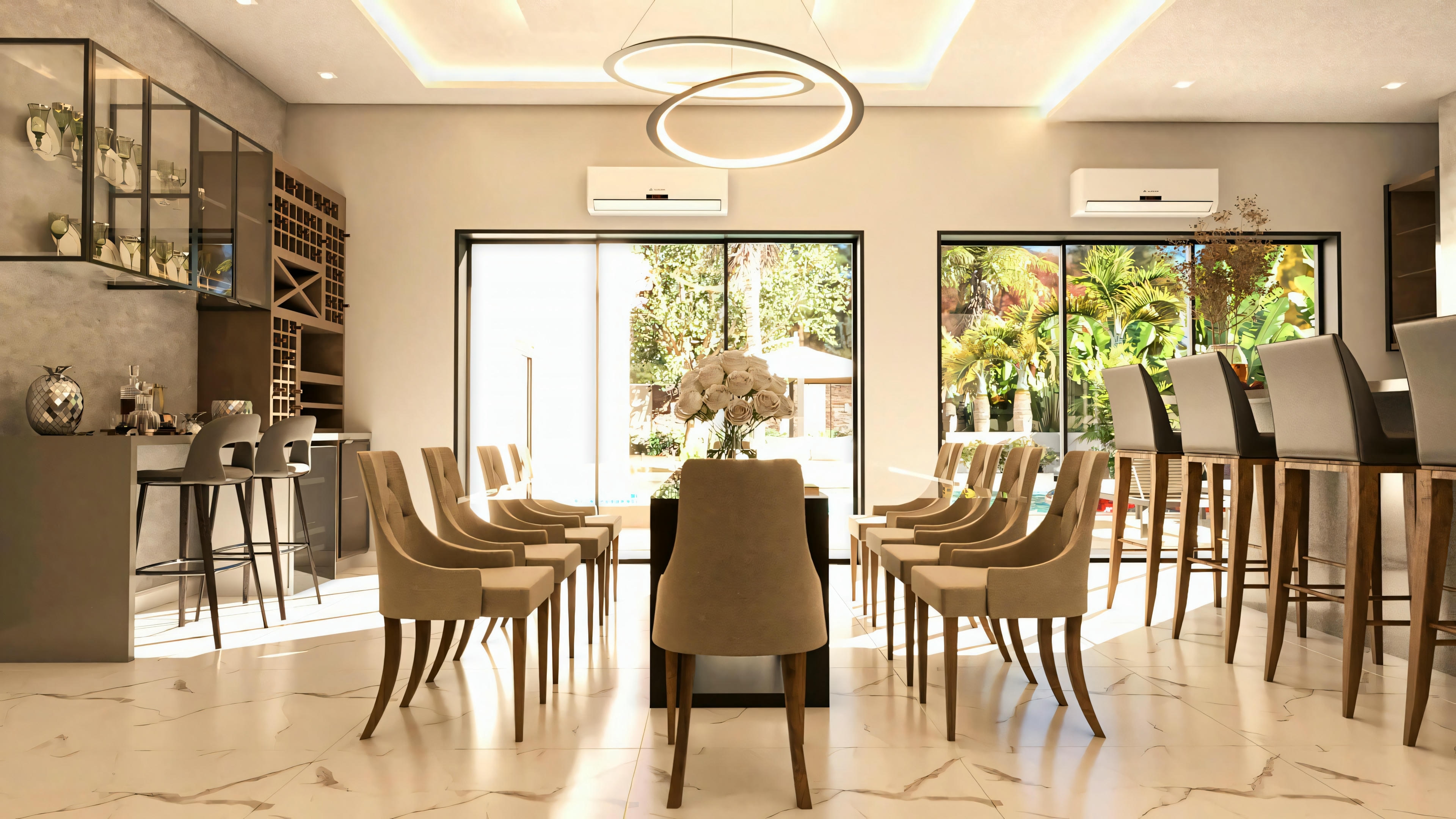 Modern dining room integrated with bar and living room, part of a bungalow house project with 3 suites. The environment is part of a 276.43m² house, designed for a 20x50 lot, including 3 suites, office, and gourmet area.