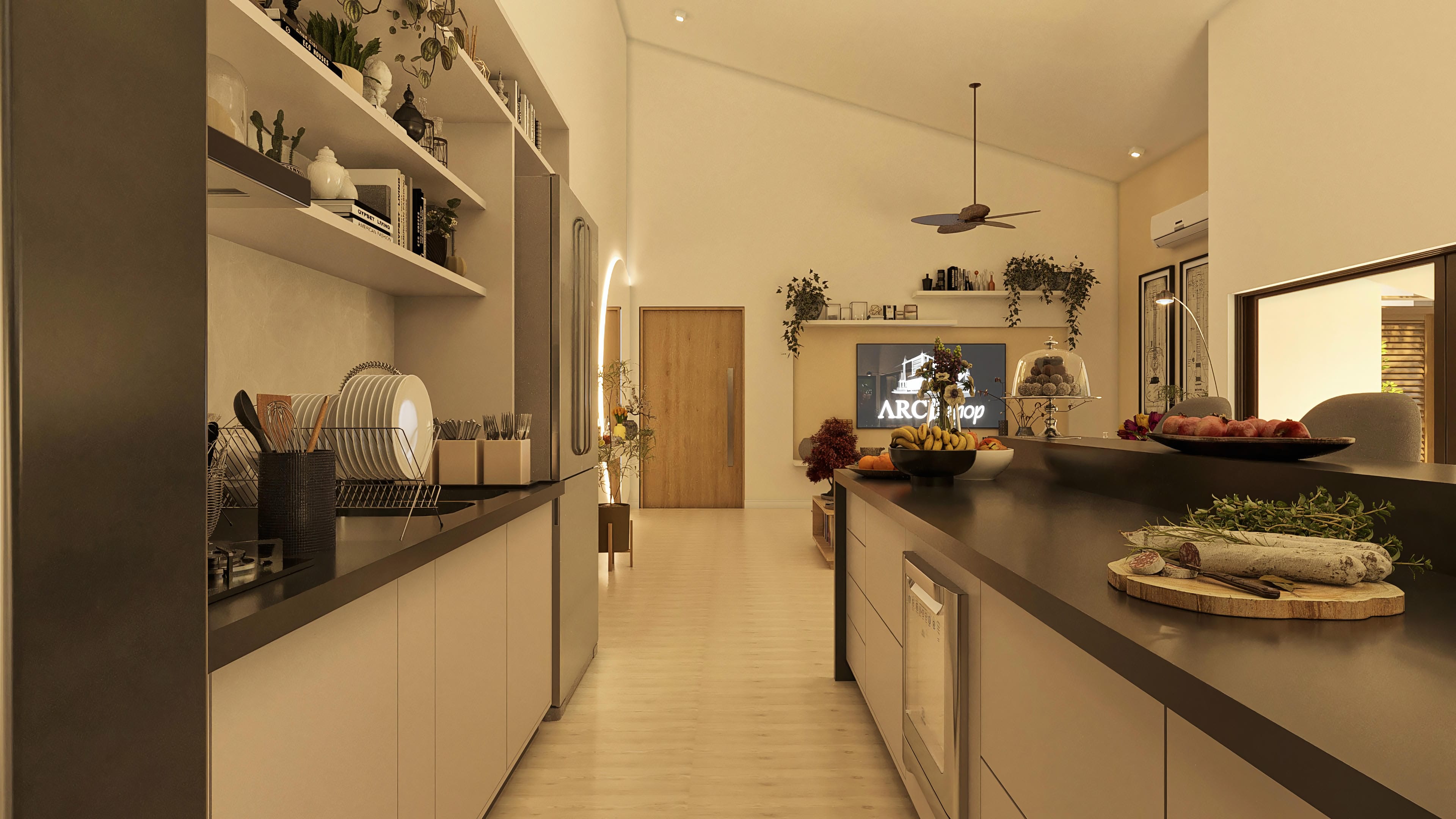 Interior of a modern house, with equipped gourmet kitchen, light cabinets, dark counter, and a view of the leisure area with a hot tub.