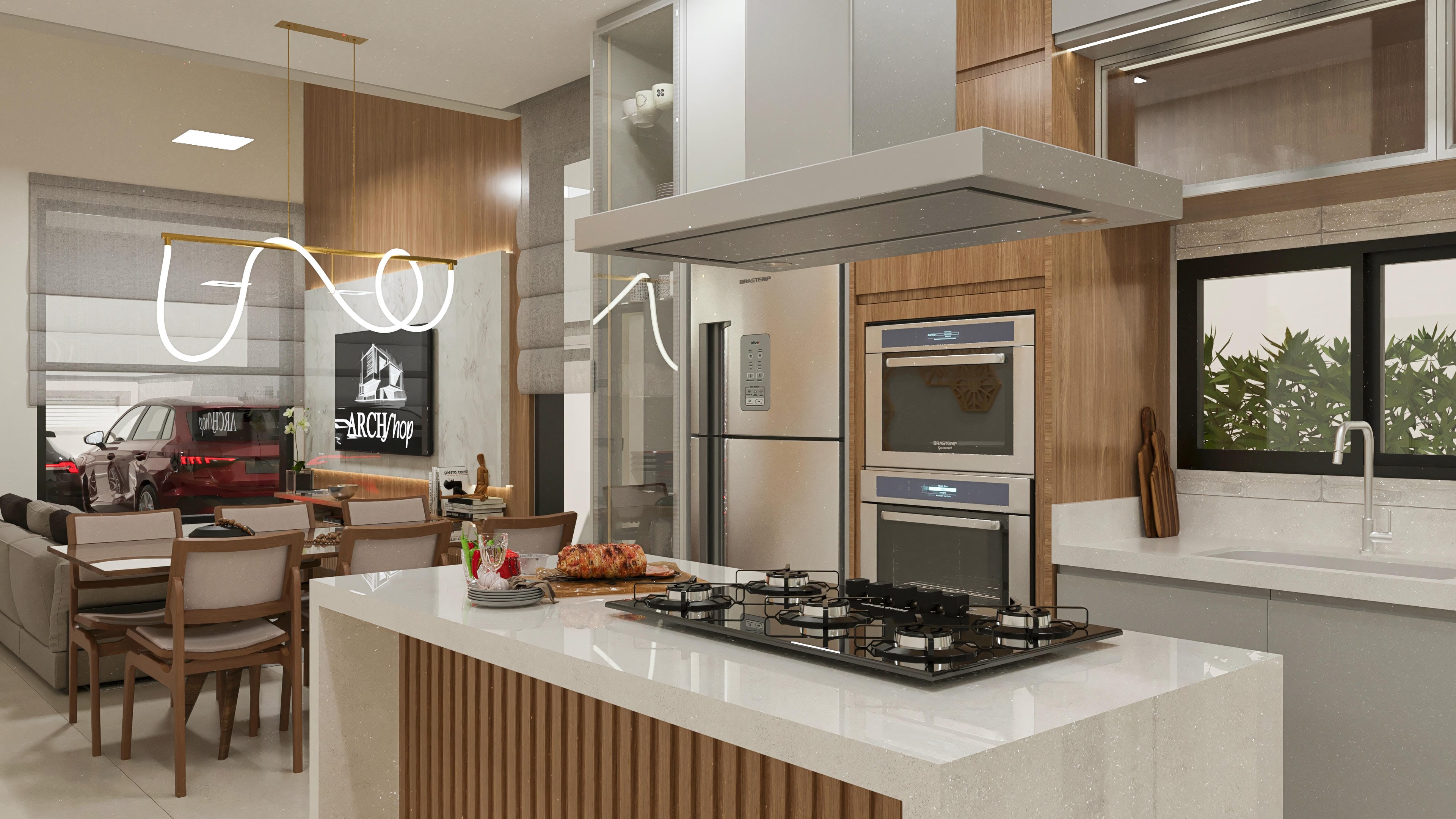 Modern interior with an integrated kitchen, an island with a cooktop, custom cabinets, and a dining area. Neutral tones and wood predominate, with emphasis on the quartz countertop and recessed lighting.