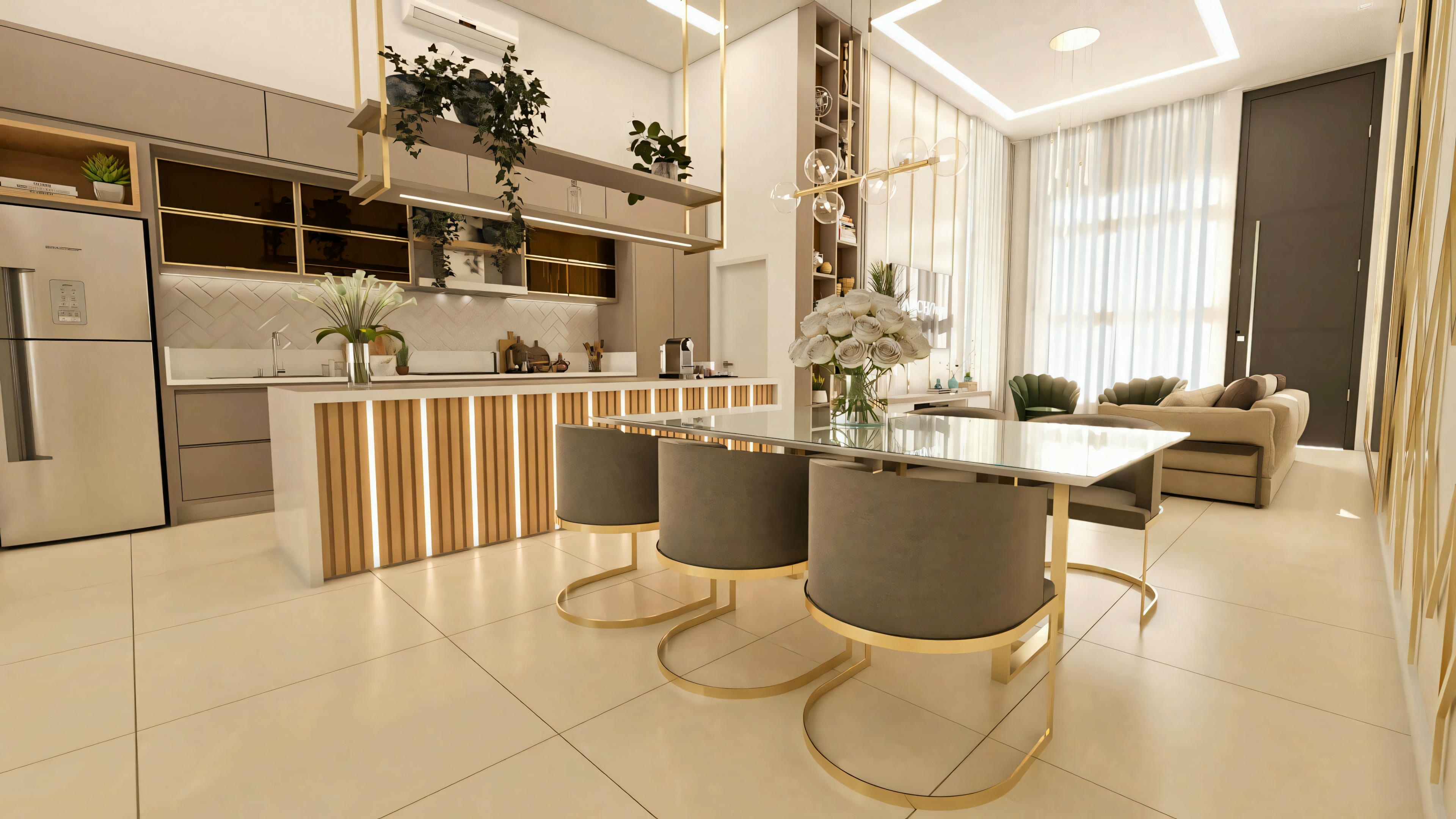 Wide view of the integrated social area (gourmet kitchen, dining room, and living room) in a modern single-story house project with 3 bedrooms, highlighting the cohesive and functional design.