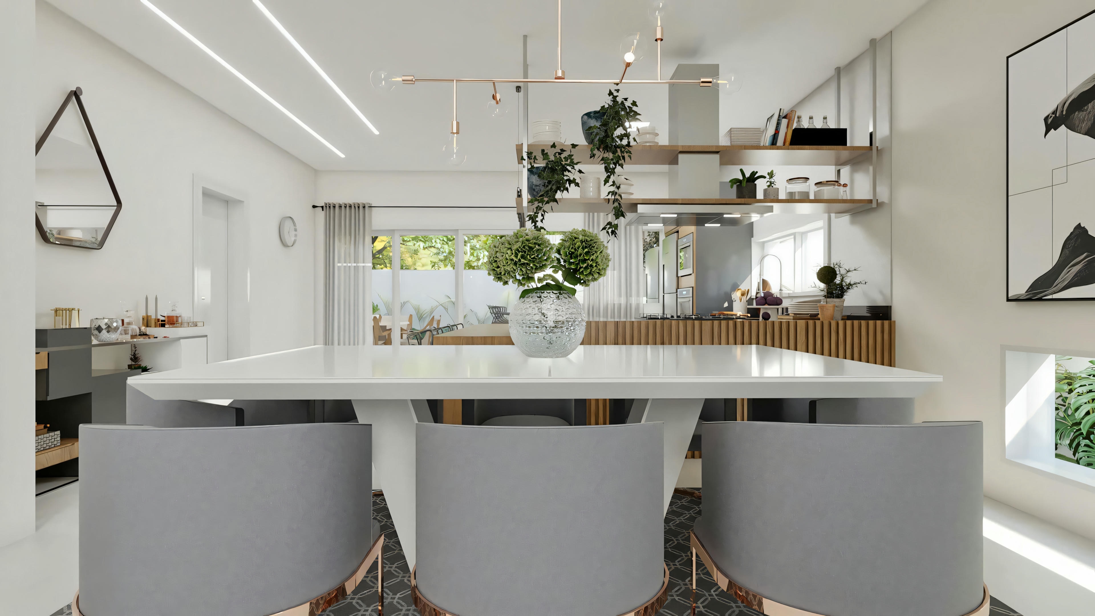Vista da sala de jantar em direção à cozinha e área externa no projeto ArchShop com 3 suítes e piscina. Ambiente integrado com mesa moderna, cadeiras cinza, cozinha com detalhes em madeira e acesso à área gourmet através de portas de vidro. Casa contemporânea de 250.56m².