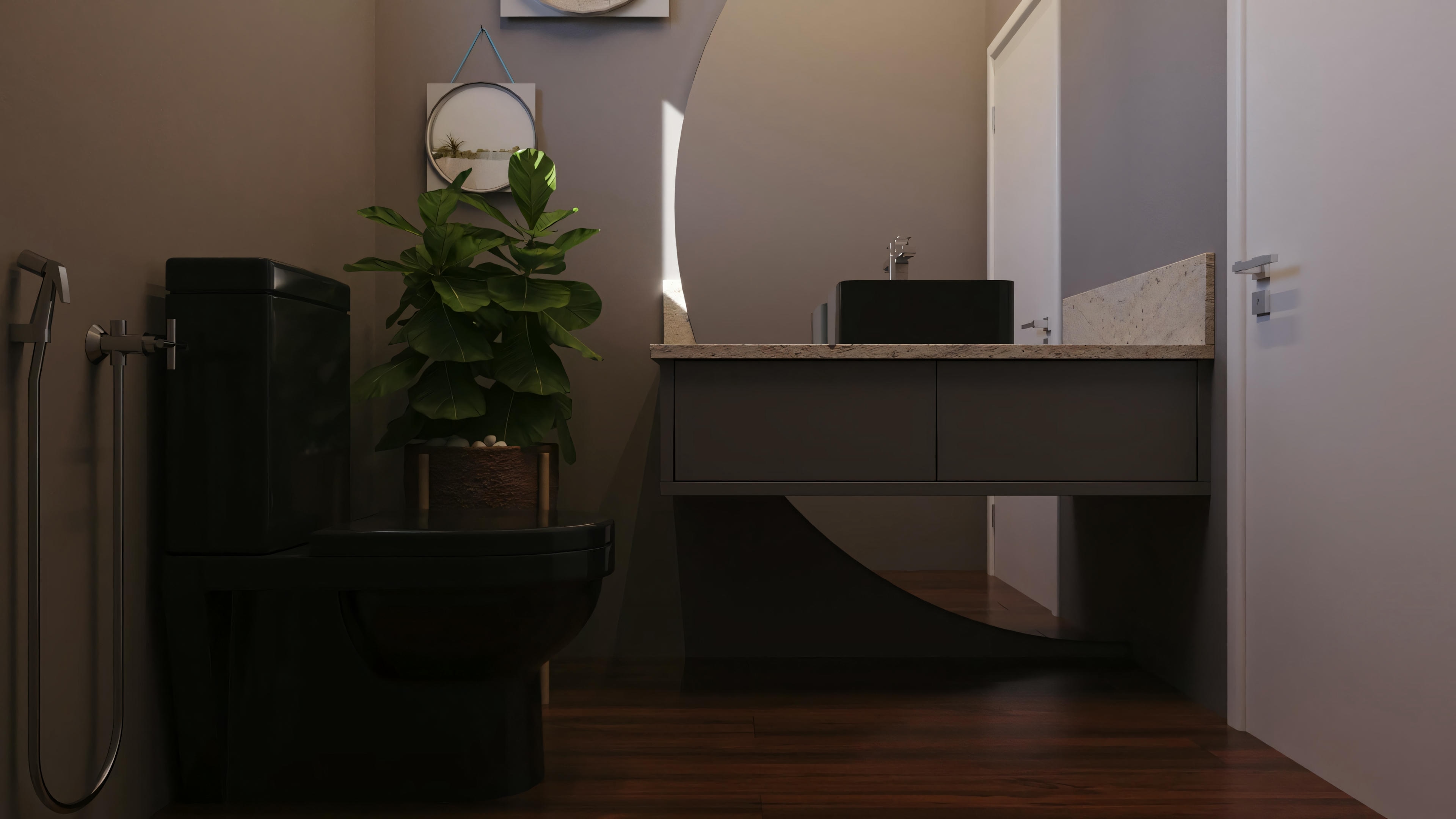 A modern bathroom with sink and mirror.