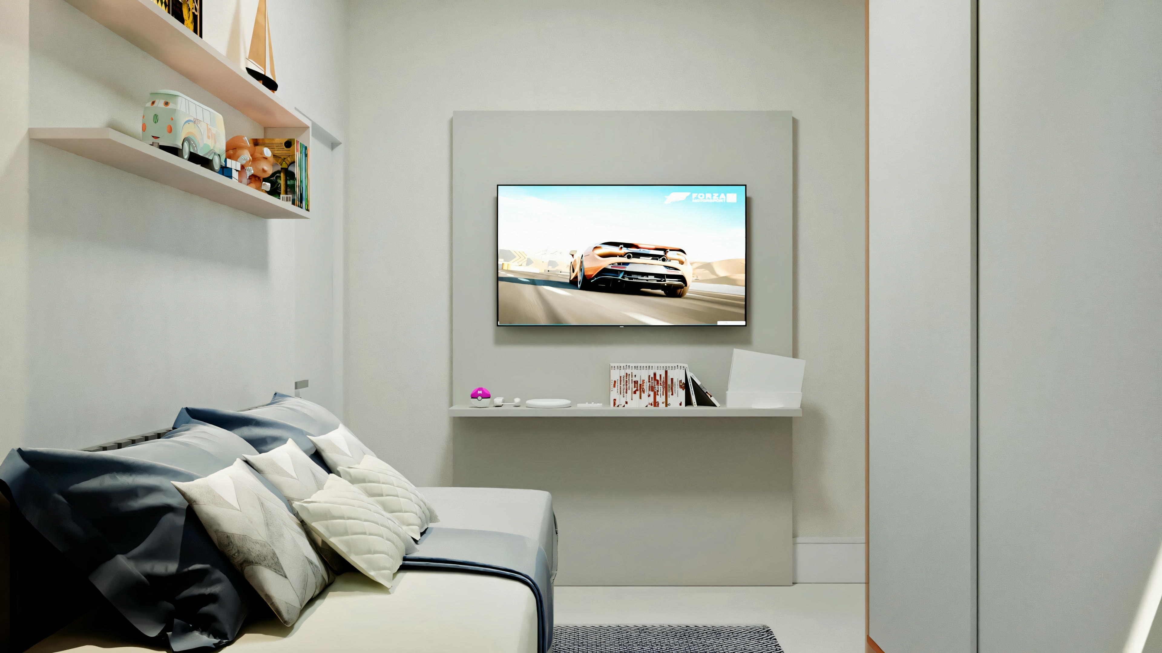 Modern and minimalist bedroom with black sofa, square coffee table, and shelf with decorative items. There is a picture or television on the opposite wall displaying the image of a car.