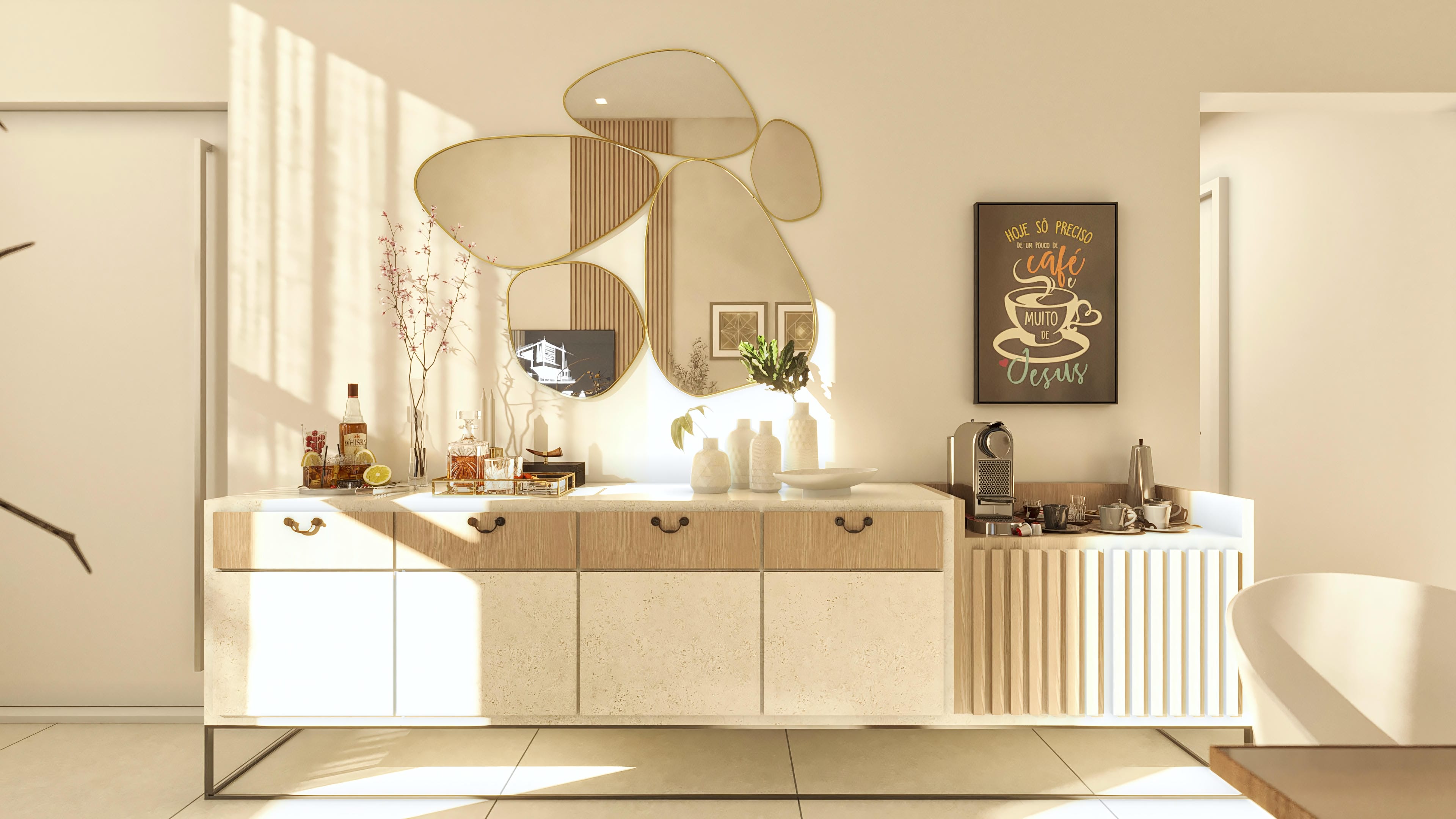 Buffet cabinet with a modern design, combining slatted wood finishes and light beige stone details, ideal for living areas.