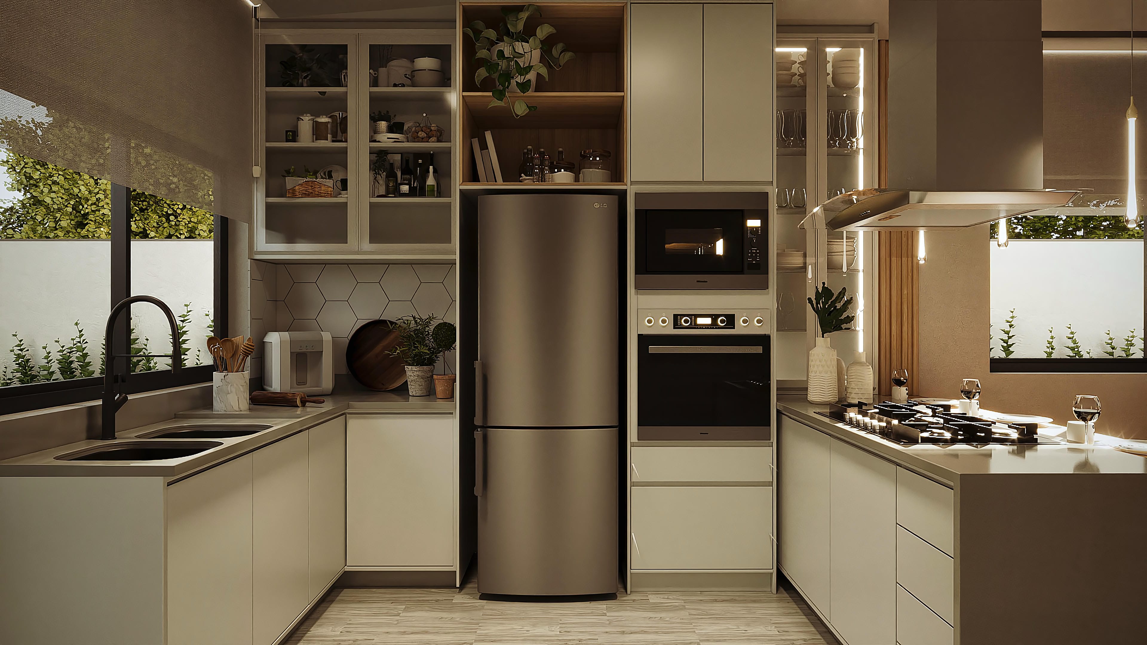 Modern and compact kitchen with light cabinets, quartz countertop, and separate gourmet area. The built-in lighting and wood details provide coziness. Large windows integrate the environment with the external area.