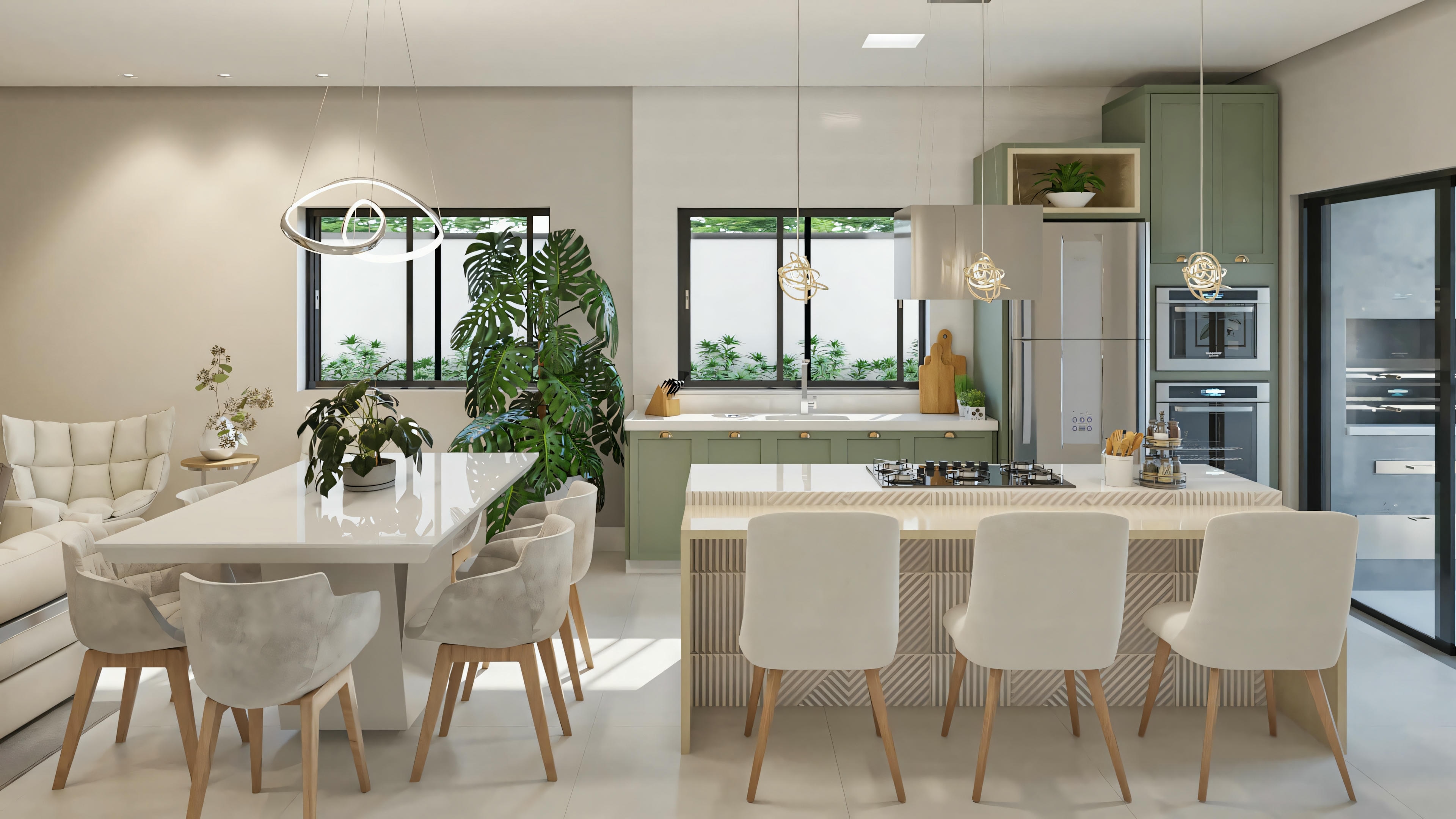 Modern dining area with a table for six, well-lit with contemporary design elements such as clean lines and a neutral color palette, with green plants adding a touch of nature.