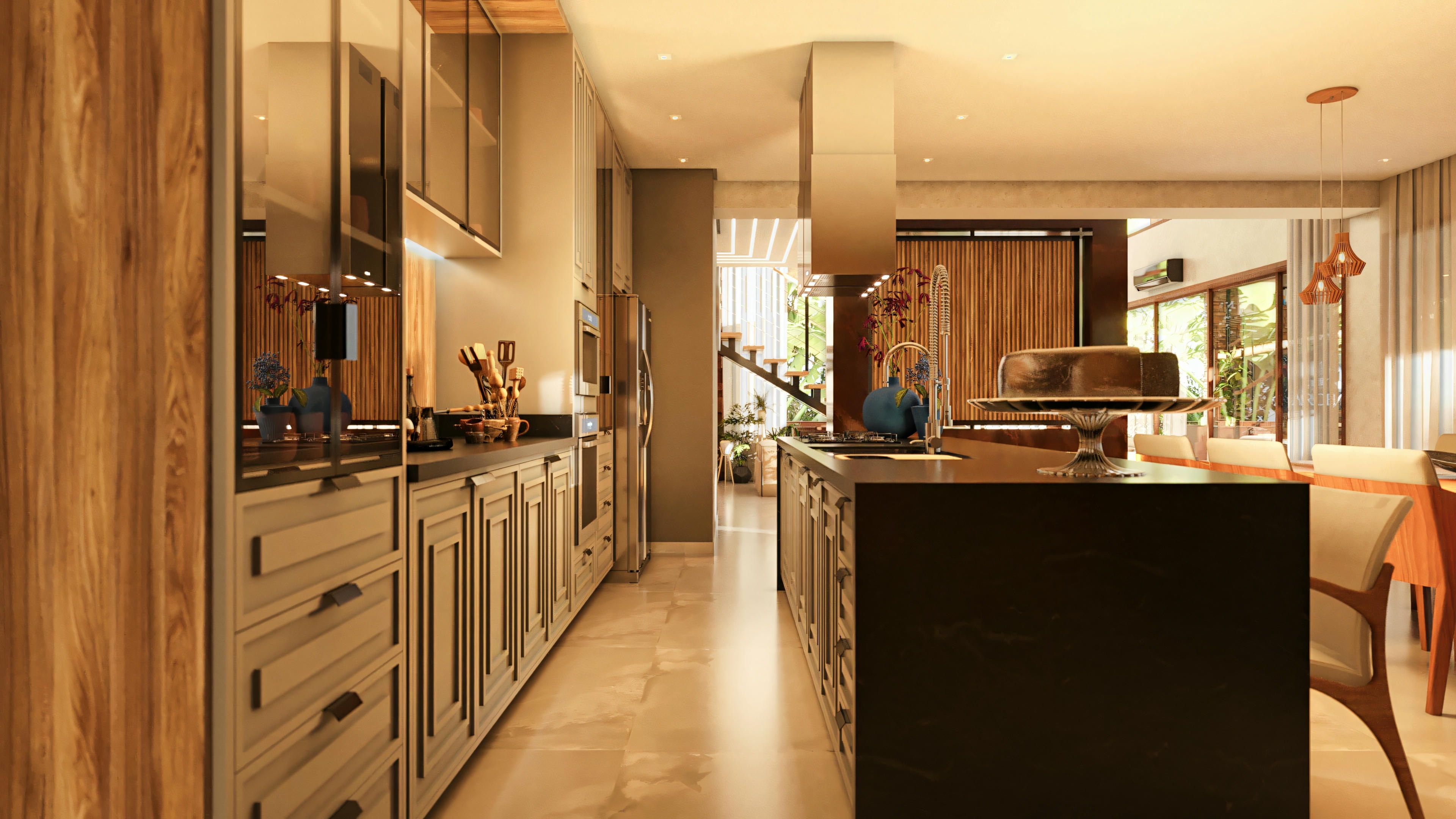 Gourmet kitchen detail in a modern house project. Island with dining counter, upholstered stools, custom cabinetry, suspended shelves, and built-in appliances. Functional and sophisticated design.