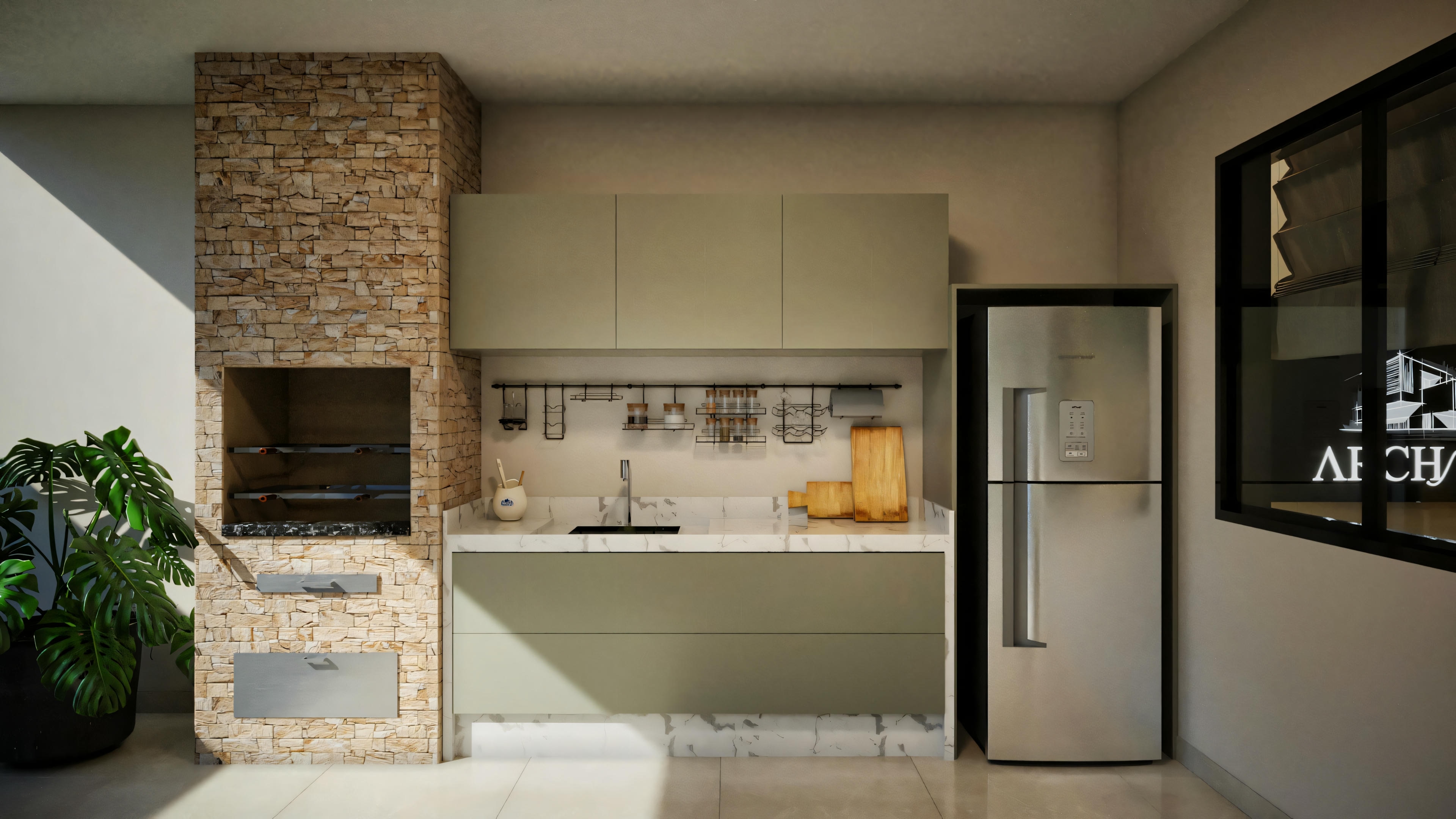 A kitchen with modern appliances, countertop, and decorative items.