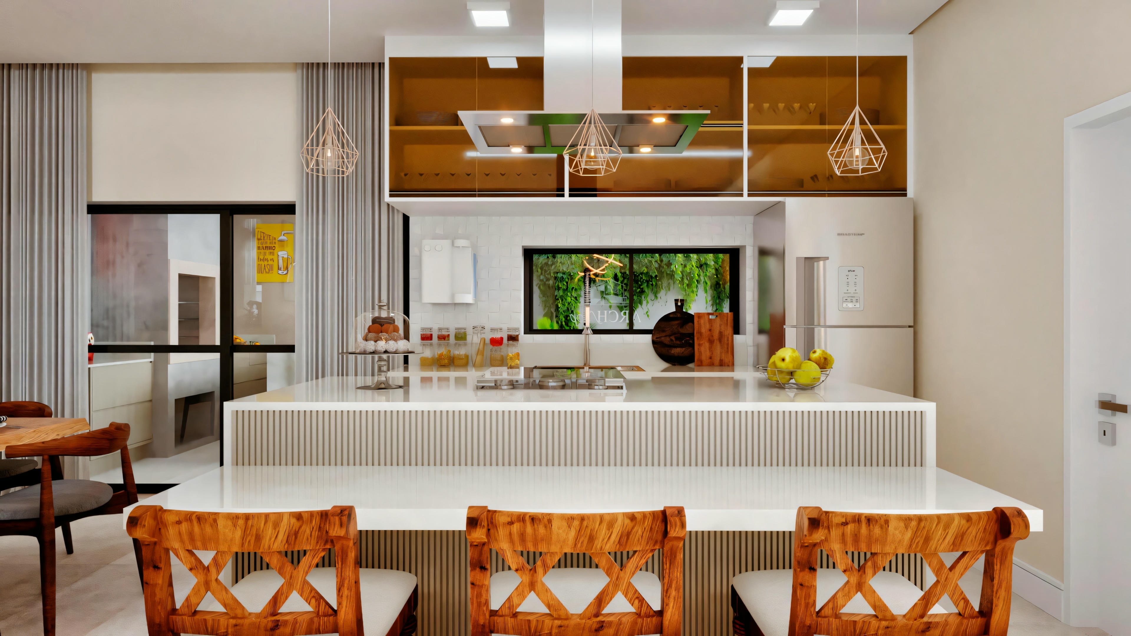 A modern kitchen with bar stools at an island, pendant lights, and visible appliances.