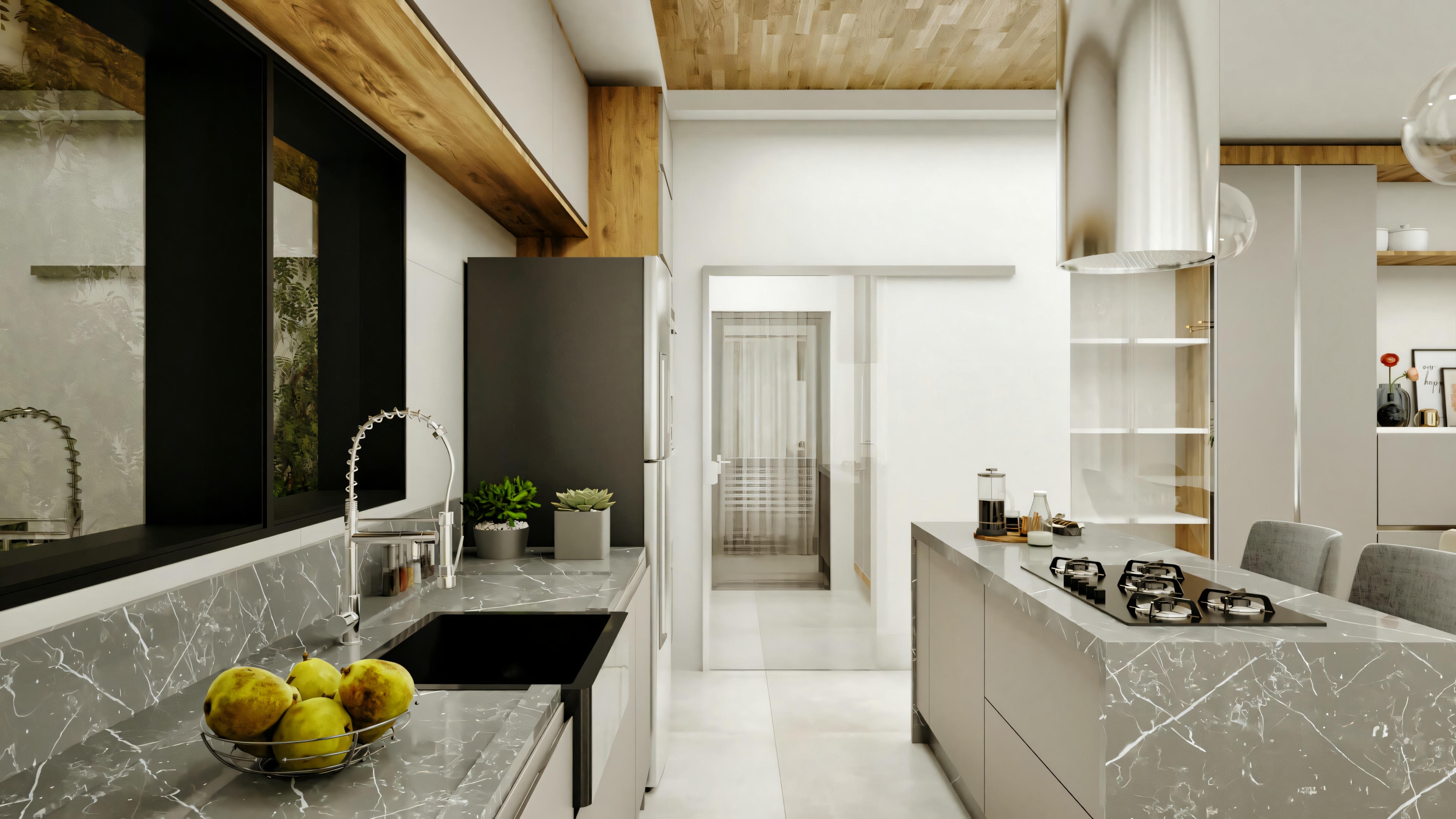 Kitchen of a modern type 4 house with a central island featuring a built-in cooktop and suspended hood, stone countertops with veins, dark sink, large window, and wooden details.