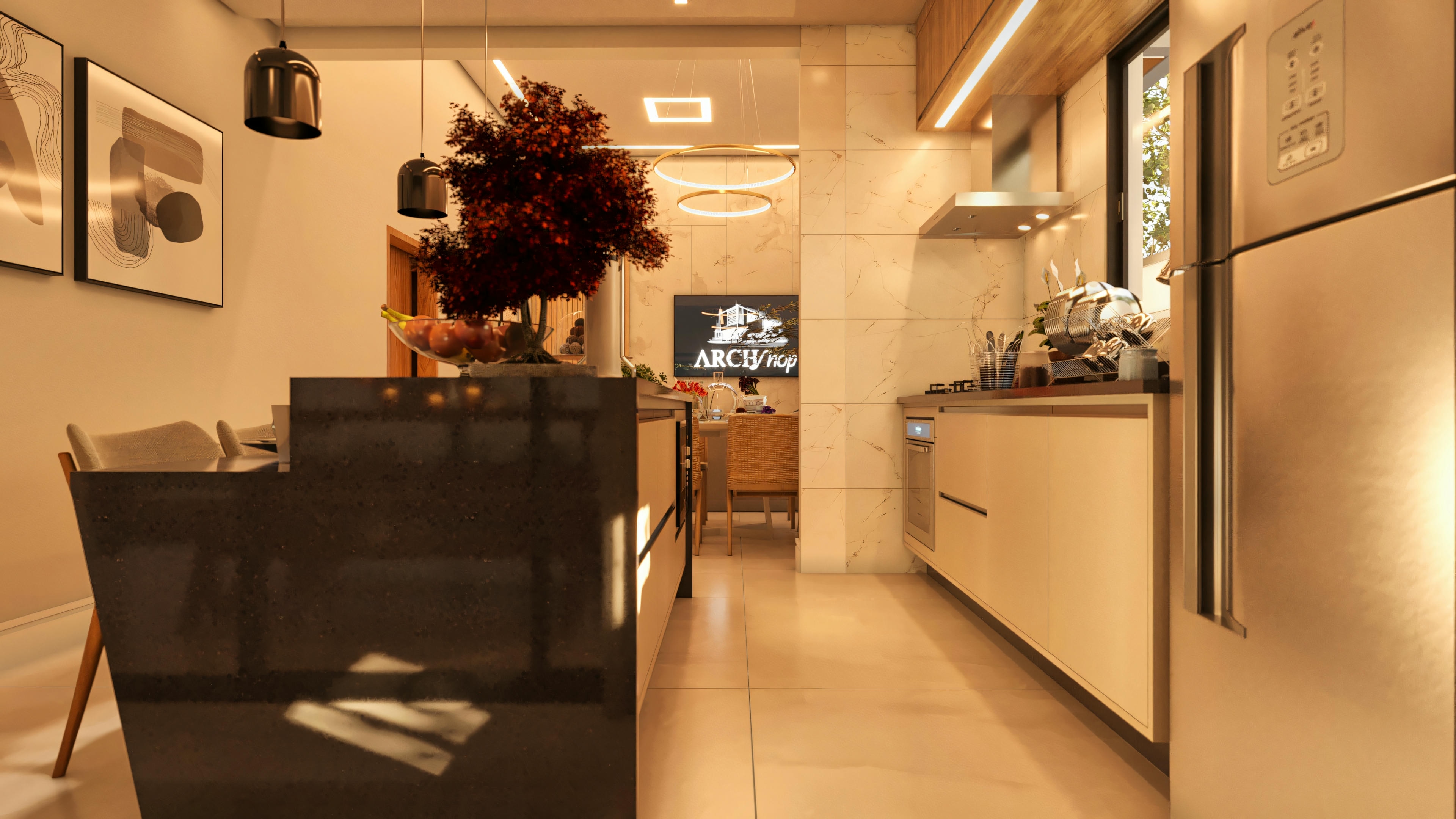 Modern kitchen with an island and dark quartz countertop, light cabinets, and stainless steel appliances, integrated with the dining and living rooms. View of a house with 3 bedrooms and 2 suites.