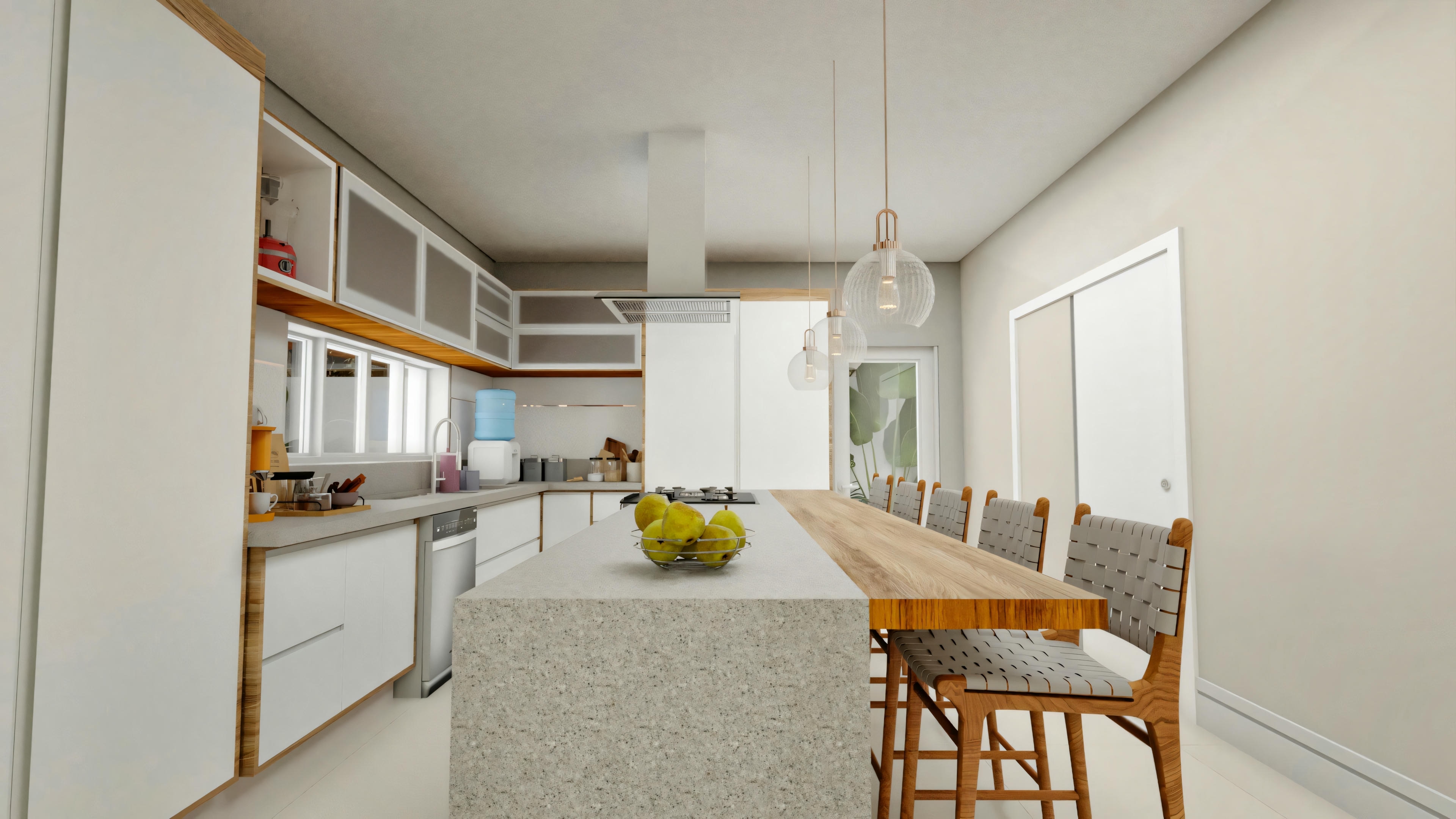 Side perspective of the modern kitchen highlighting the long central island in textured gray and wooden countertop extension with stools. White cabinets, wood details, and appliances in the background. Interior of a 416.97sqm neoclassical two-story house with 4 suites.