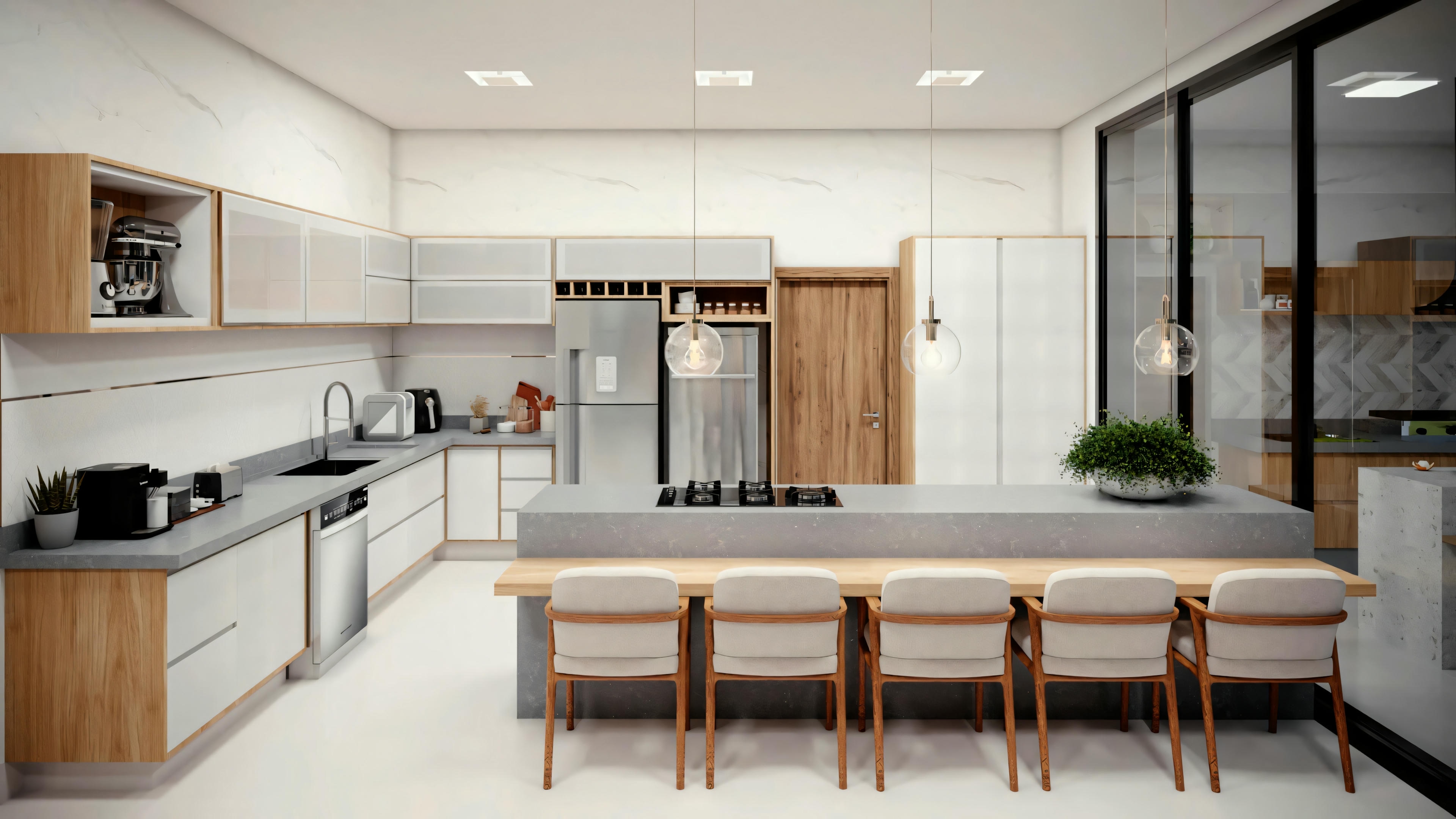 A modern kitchen with a sleek design, including counter stools, pendant lights, and built-in appliances.