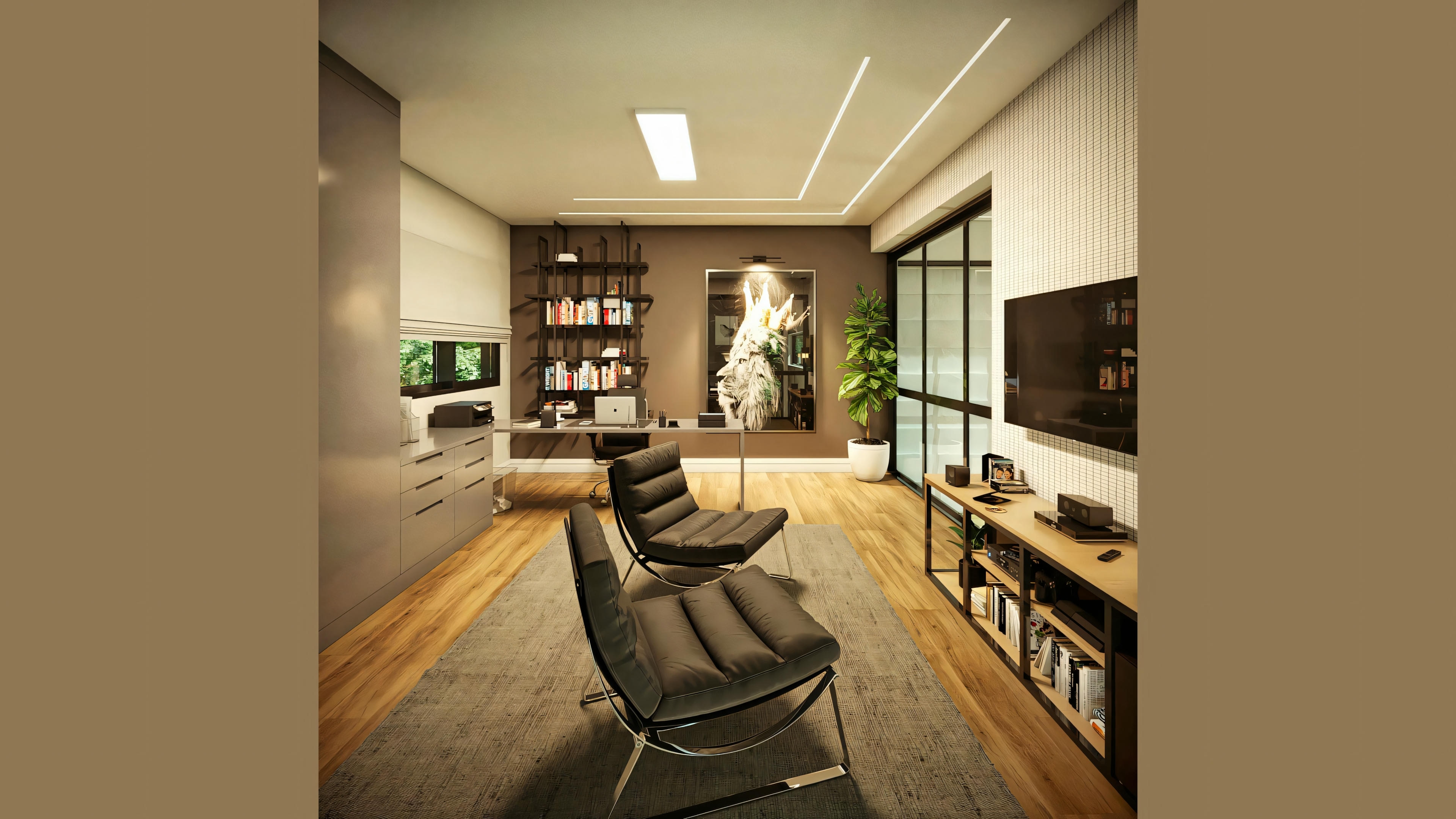 Modern kitchen with warm lighting and wooden cabinets, featuring a curved bar area.
