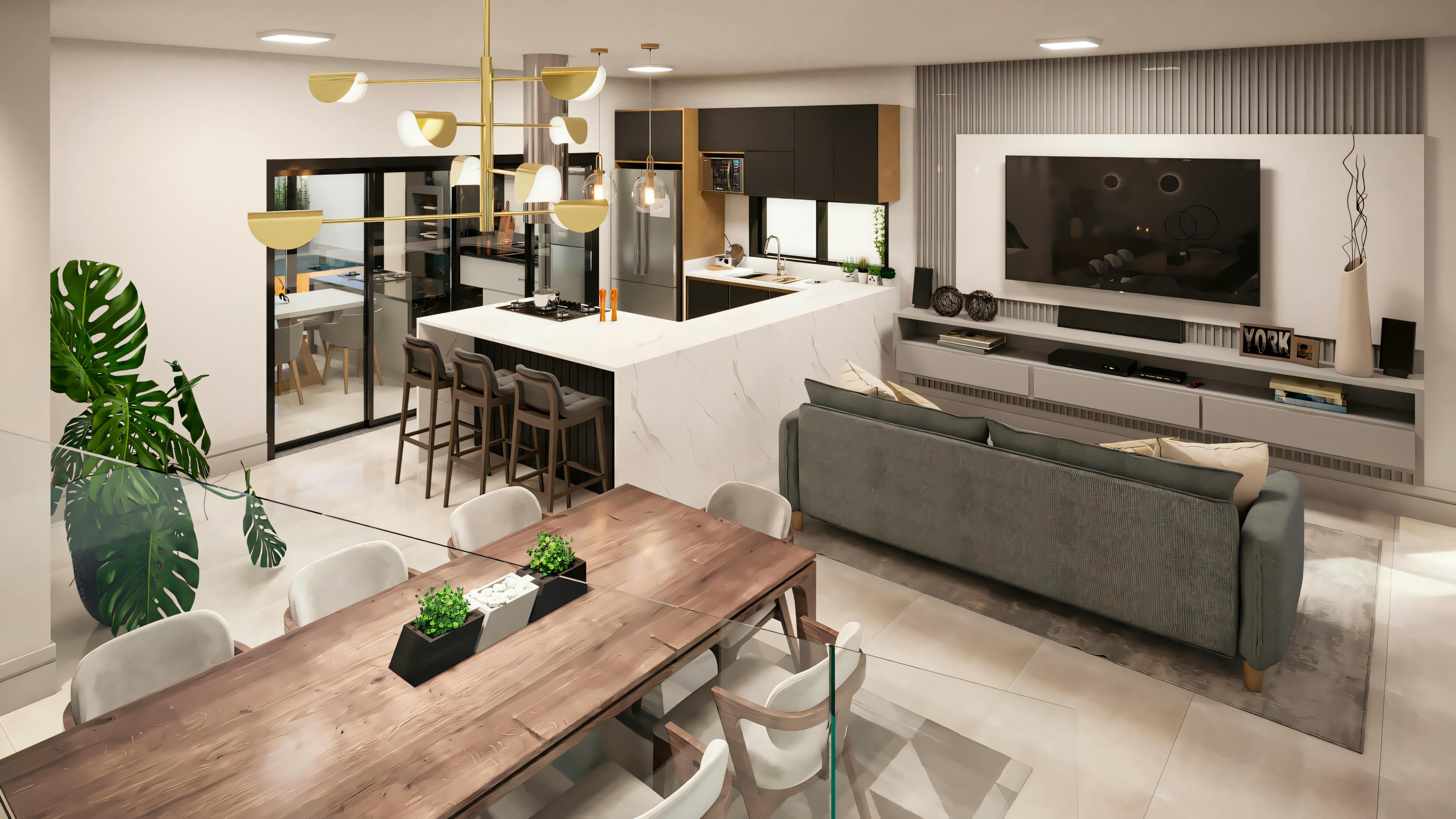 Modern living room connected to an open kitchen, with a gray sofa, wooden coffee table, and flat-screen TV on the wall.