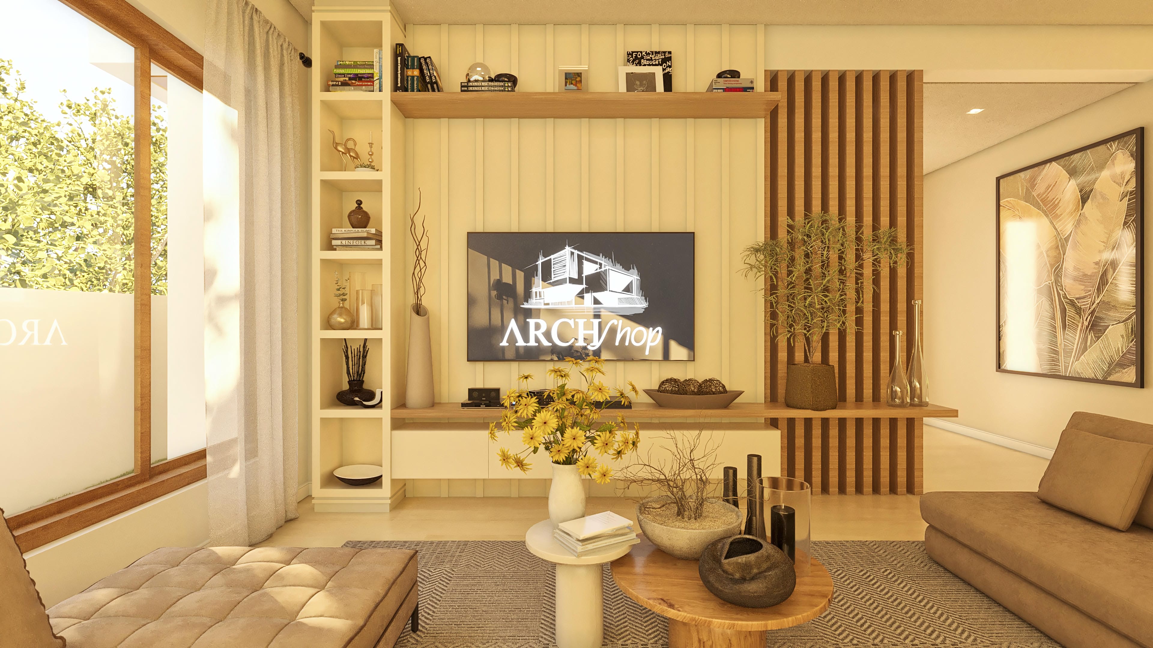 Interior of a living room with a wood bookcase, light sofa, geometric rug, coffee table with yellow flower arrangement, and a large window with a view of the greenery.
