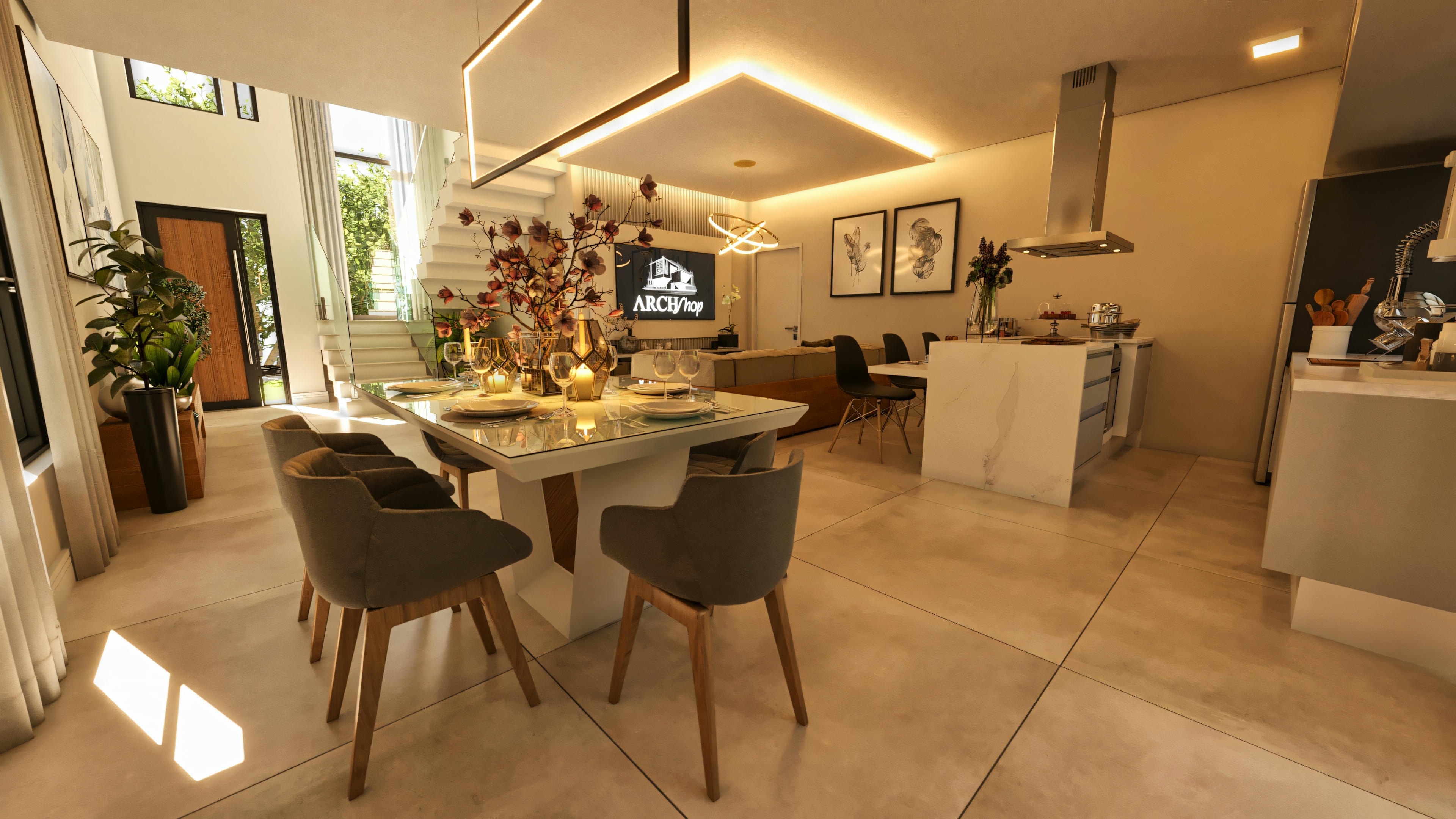 Modern two-story house plan in open concept, integrating dining room, kitchen with peninsula, living room (TV), entrance hall, and staircase. Spacious and functional interior design in a 210.57sqm house.