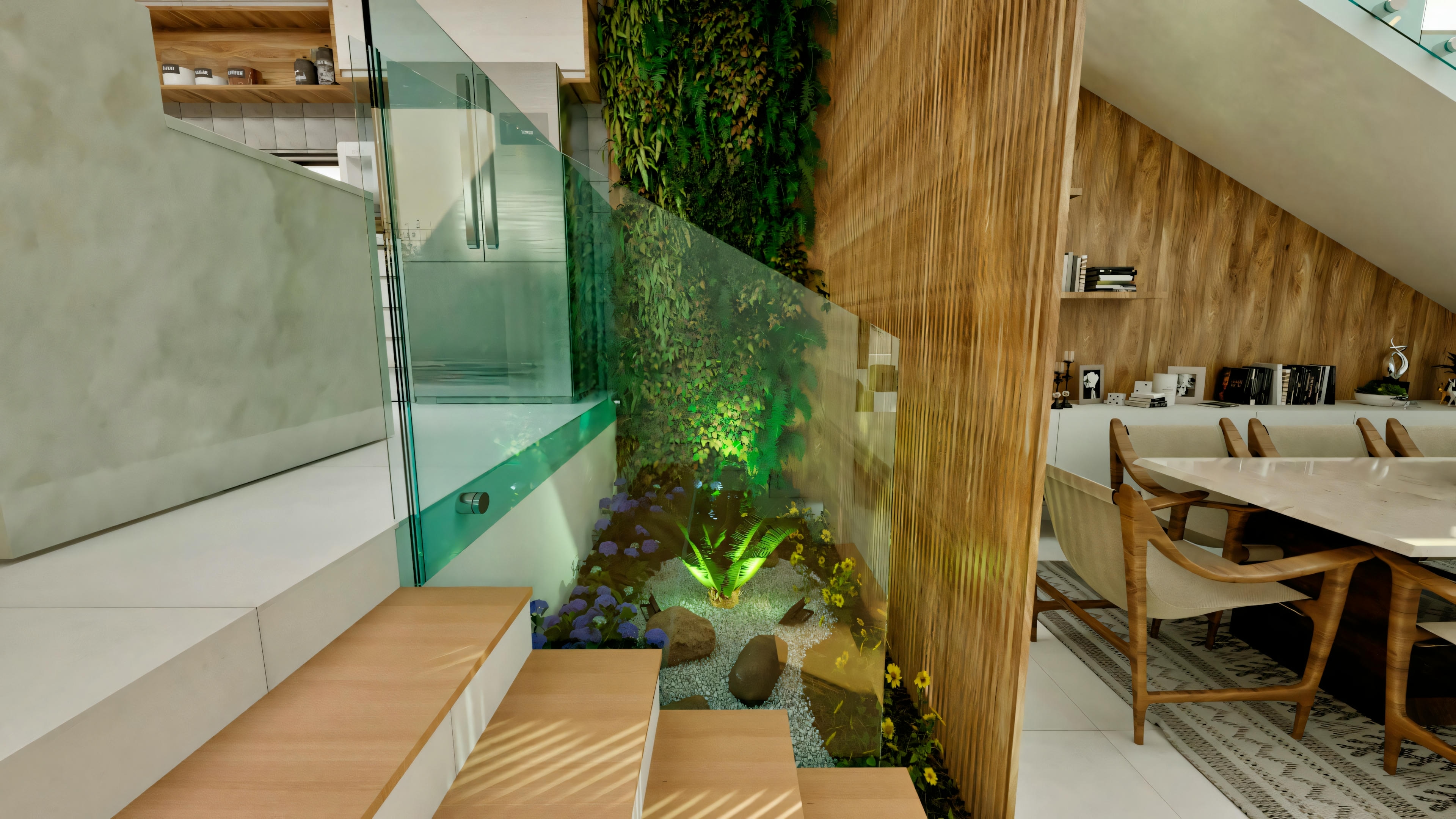 Wooden staircase with a glass railing leading to a dining area with plants.