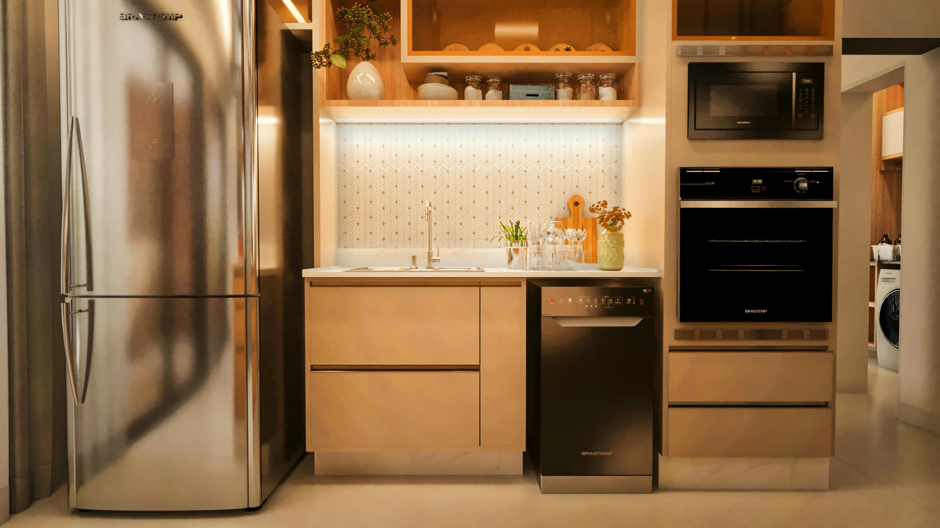 Functional planned kitchen in a 394.84sqm house project, 4 suites, and pool. Kitchen service area with side-by-side stainless steel refrigerator, light wood upper and lower cabinets, built-in black dishwasher, black built-in oven and microwave tower, stainless steel sink with patterned tile backsplash, and illuminated upper shelves with a wine rack niche.