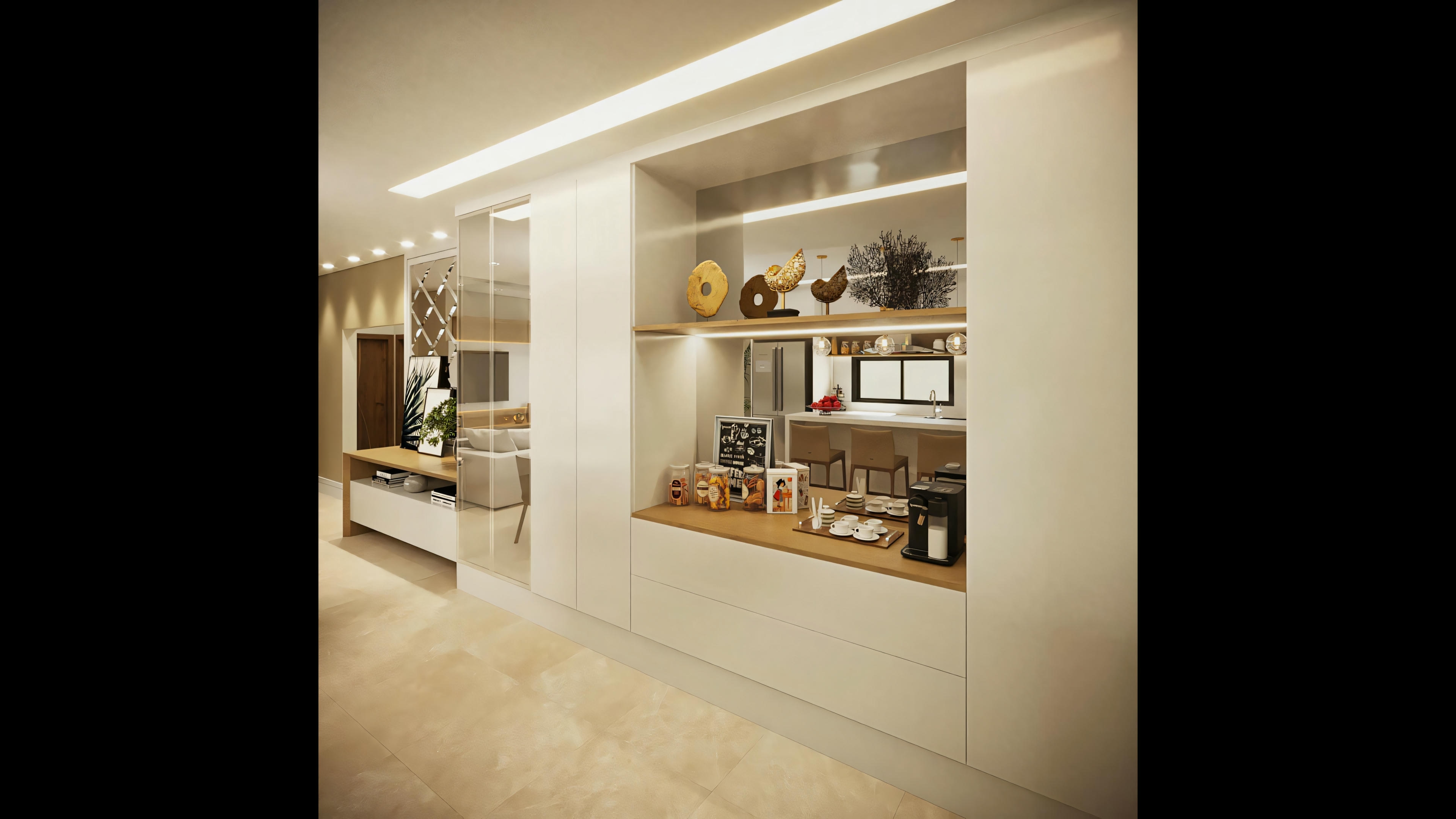 Detalhe de móvel tipo aparador ou buffet na área social do projeto pronto de casa térrea com 2 suítes (170.8m²). Mostra nichos decorados, bancada de apoio e gavetas, complementando o design de interiores moderno.