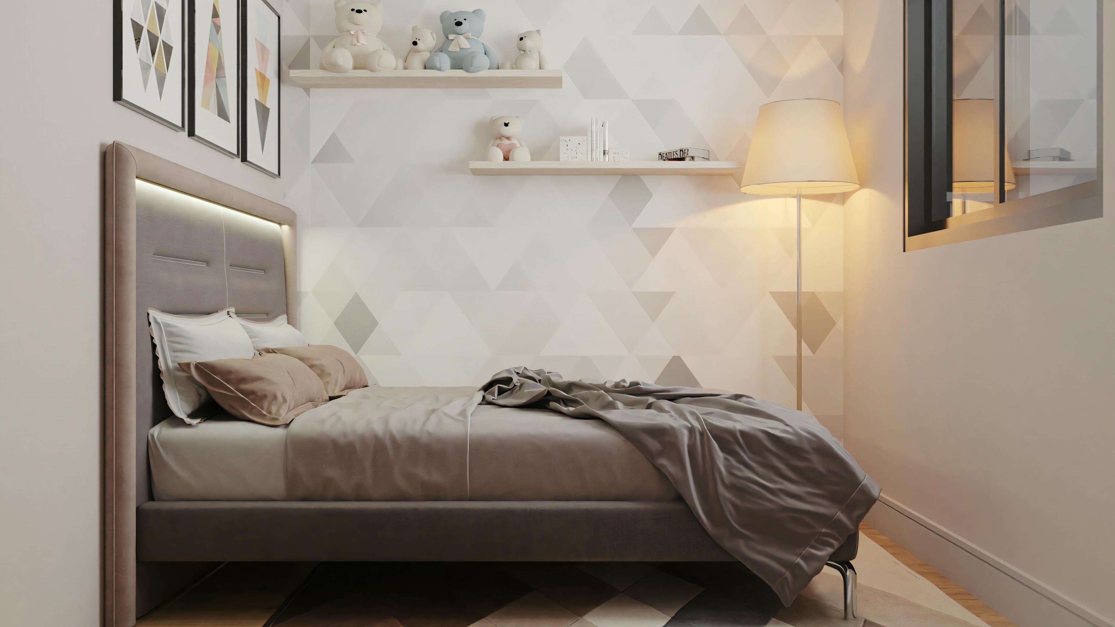 Outro quarto moderno com decoração e estilo diferentes.