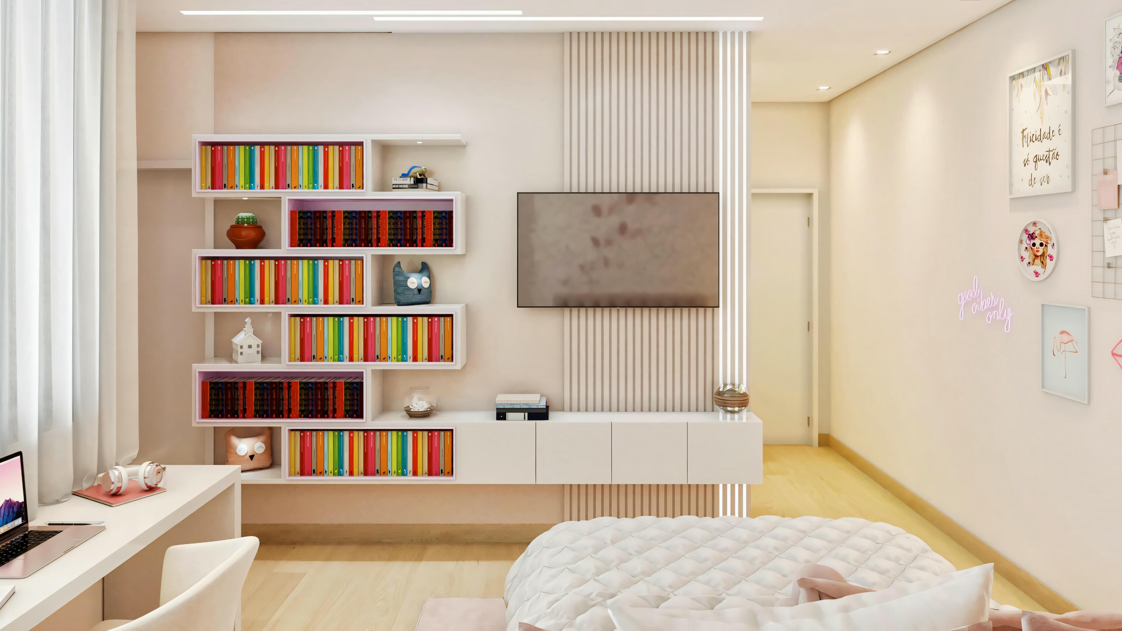 TV panel and shelf in a room (suite) of a ready-made single-story house project with 5 suites. Planned cabinetry includes a rack, niches for books/objects, and a decorative slatted panel.