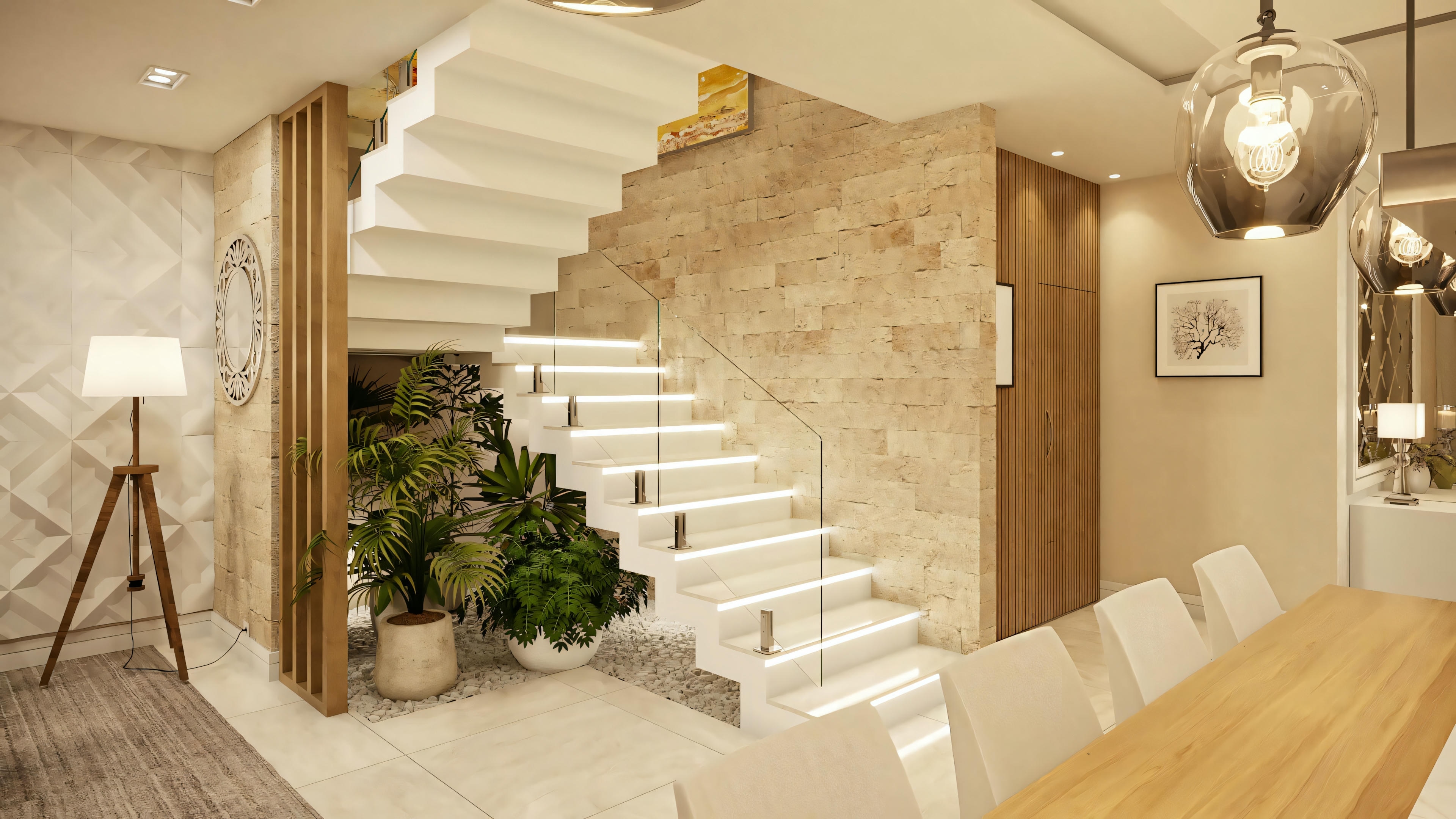 Uma sala com escada branca, paredes bege e luminária de chão tripé.