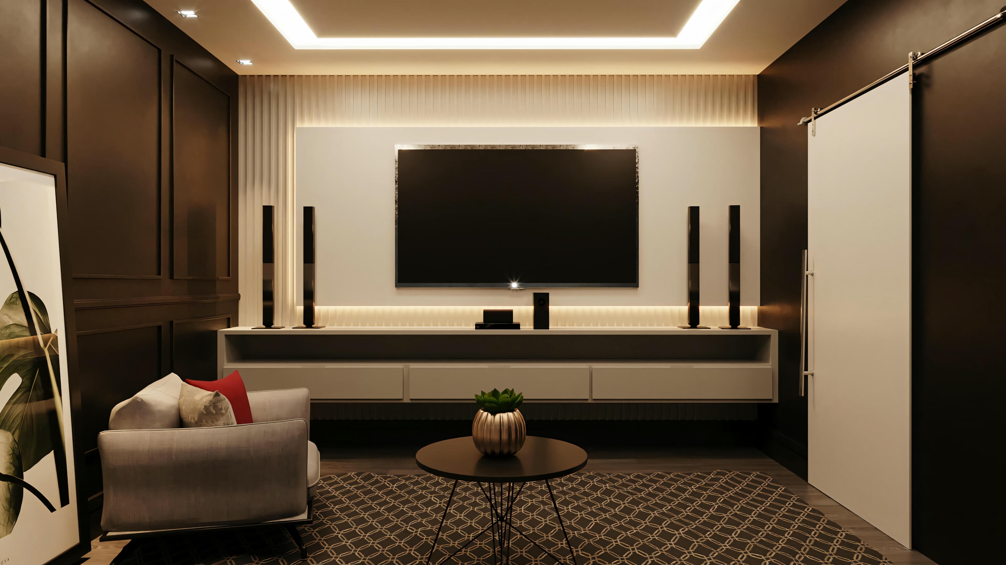 Un salón con una gran pantalla en la pared, paneles de luz verticales, sofá, sillones y mesa de centro.