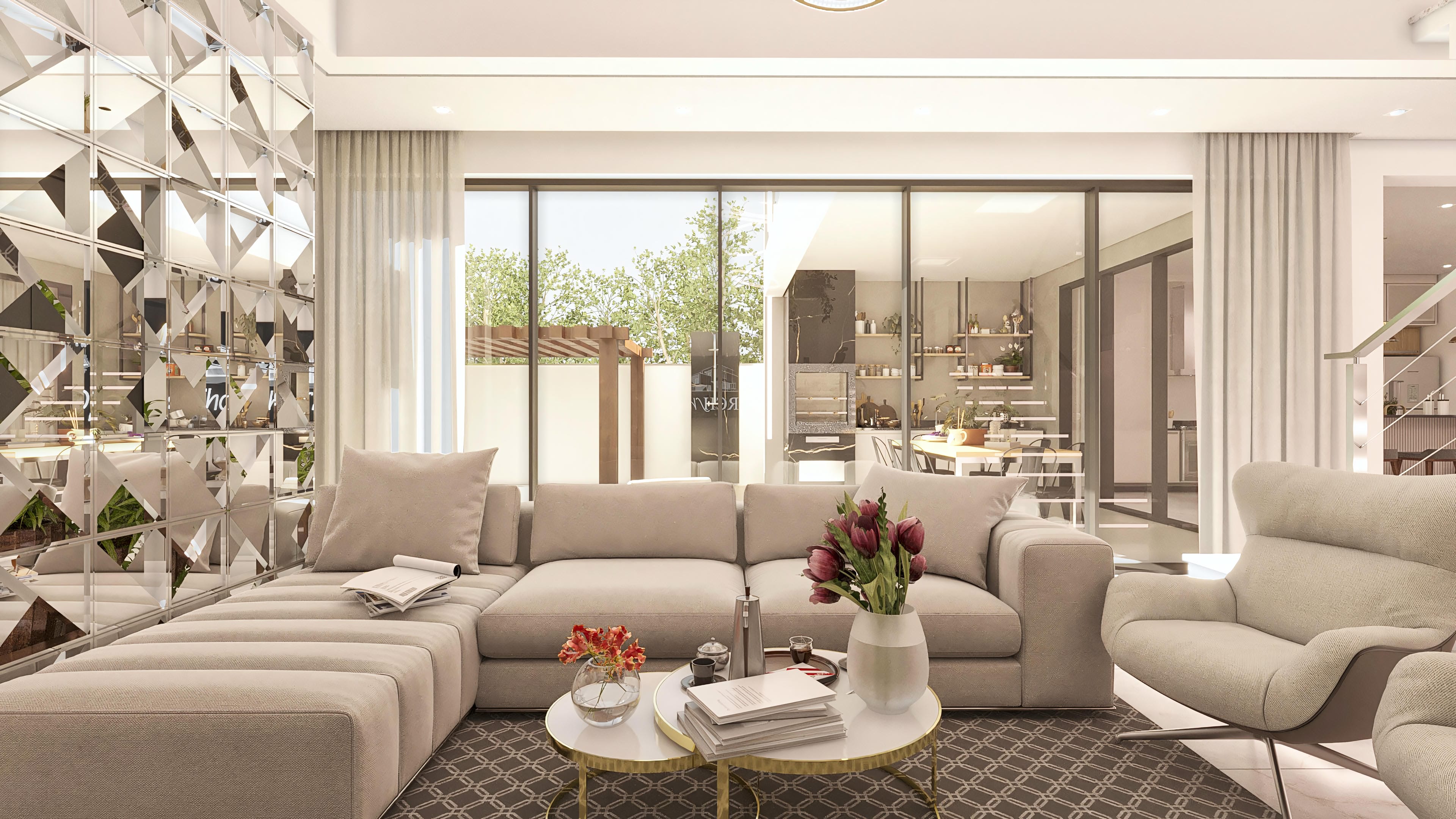Internal view of a modern two-story house, highlighting the living room integrated with the gourmet area and pool. Elegant furniture and high-standard finishes.