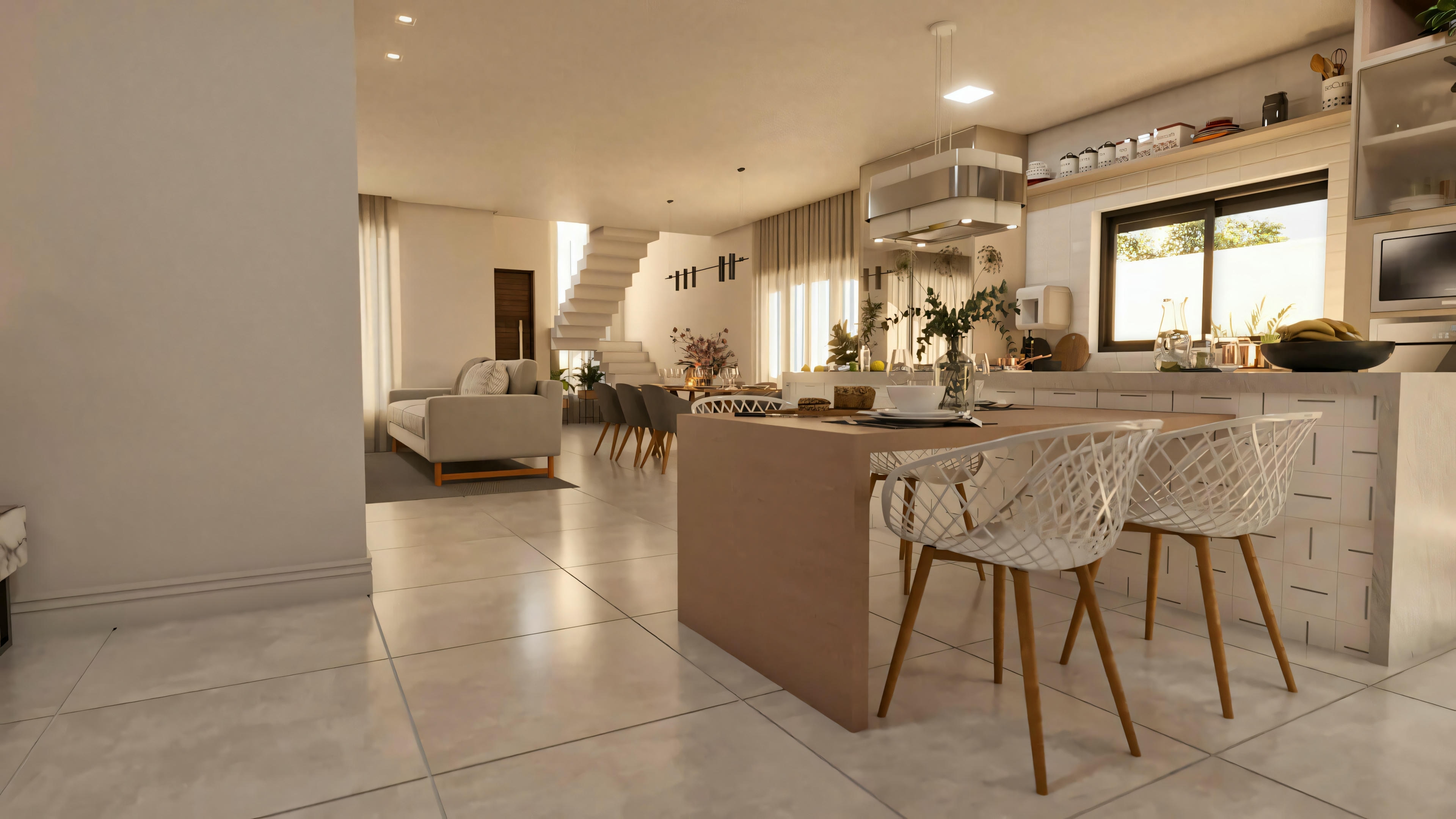 Vista amplia del pavimento térreo de la casa de dos pisos moderna 10x25, mostrando la planta integrada de la cocina, área gourmet, salas de comedor y estar, y recibidor con escalera.