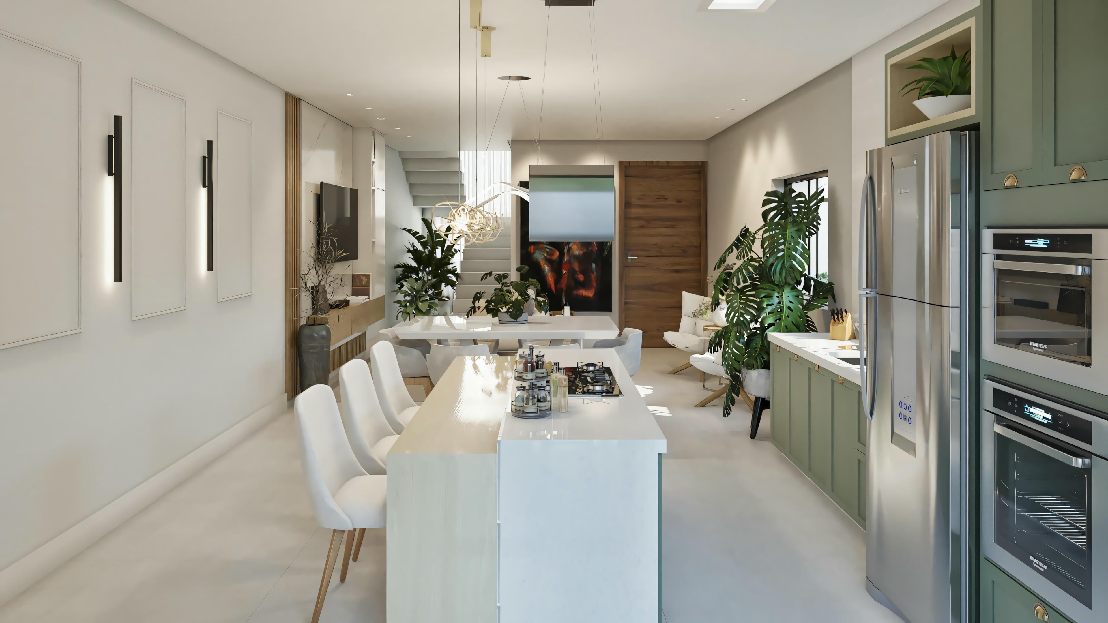 Área de jantar adjacente a uma cozinha aberta com eletrodomésticos e armários modernos.