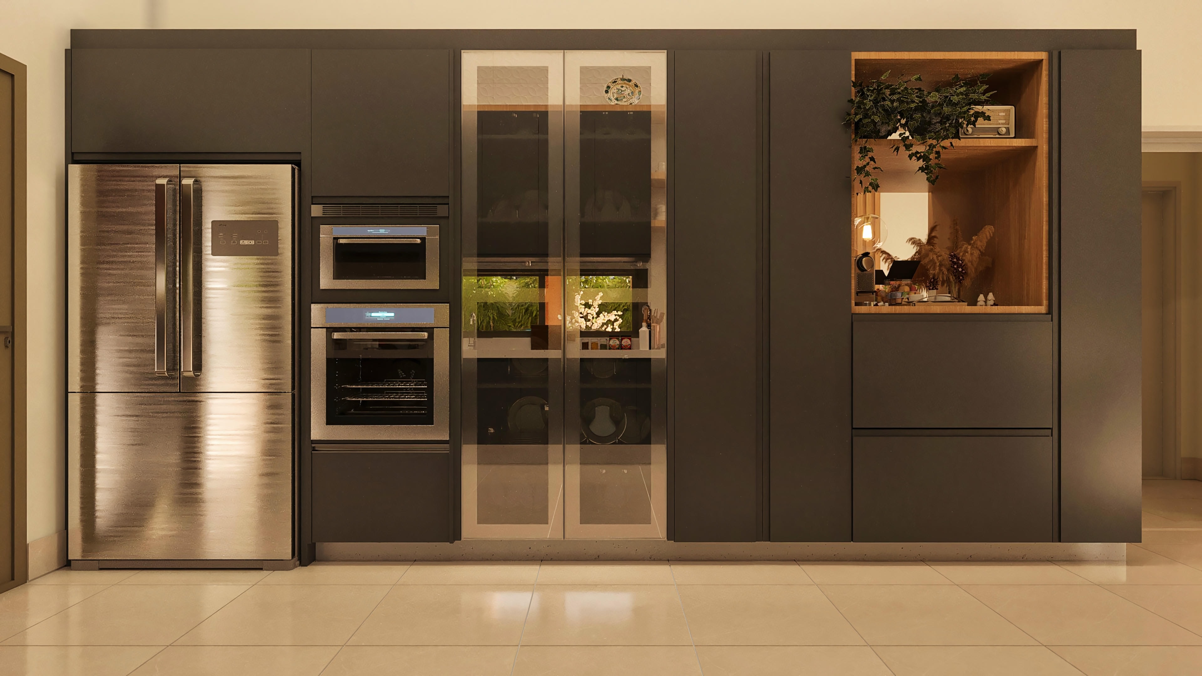 Imagen de cocina integral con torre de hornos.