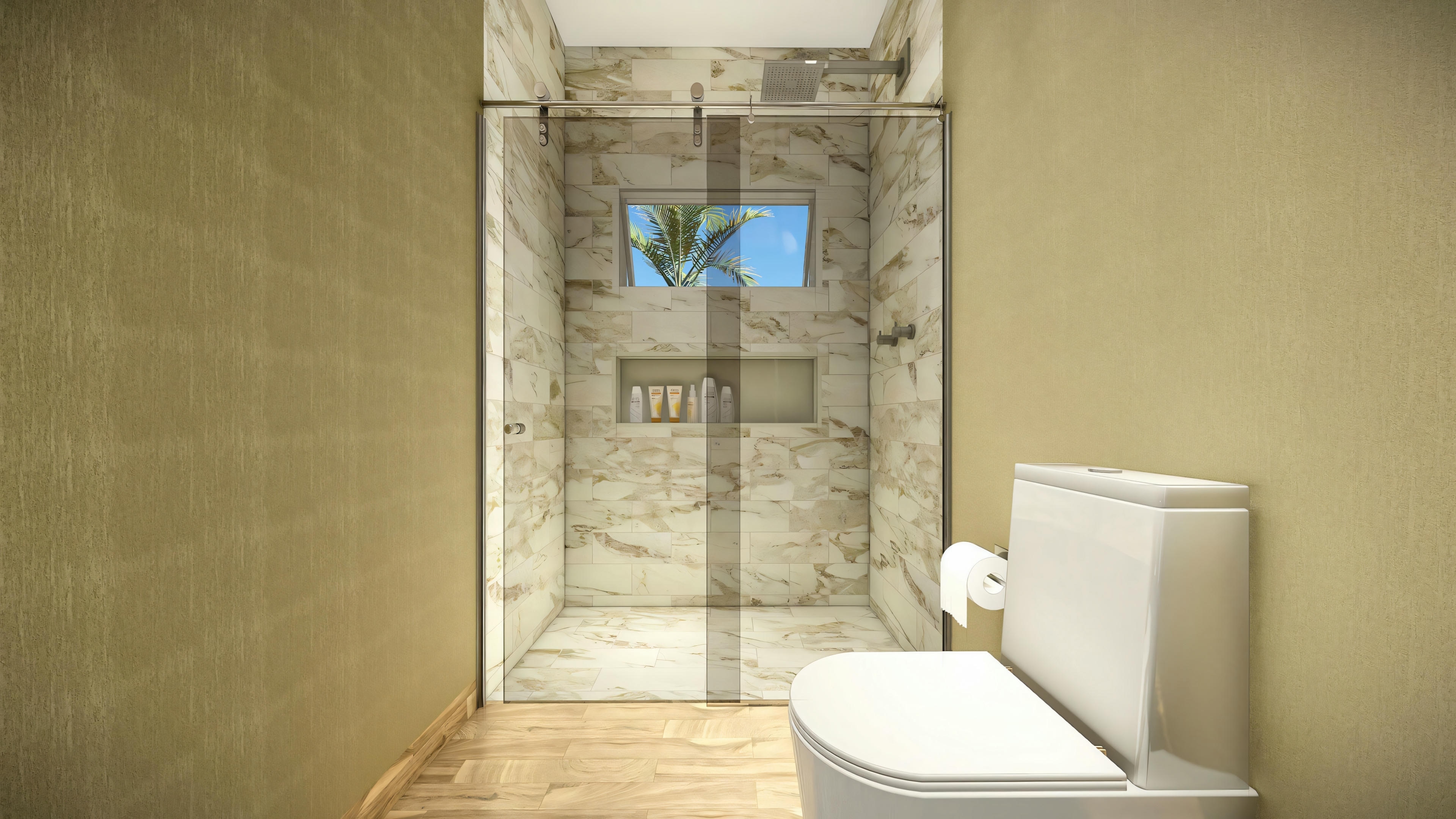 Baño moderno con puertas de cristal en la ducha y lavabo.
