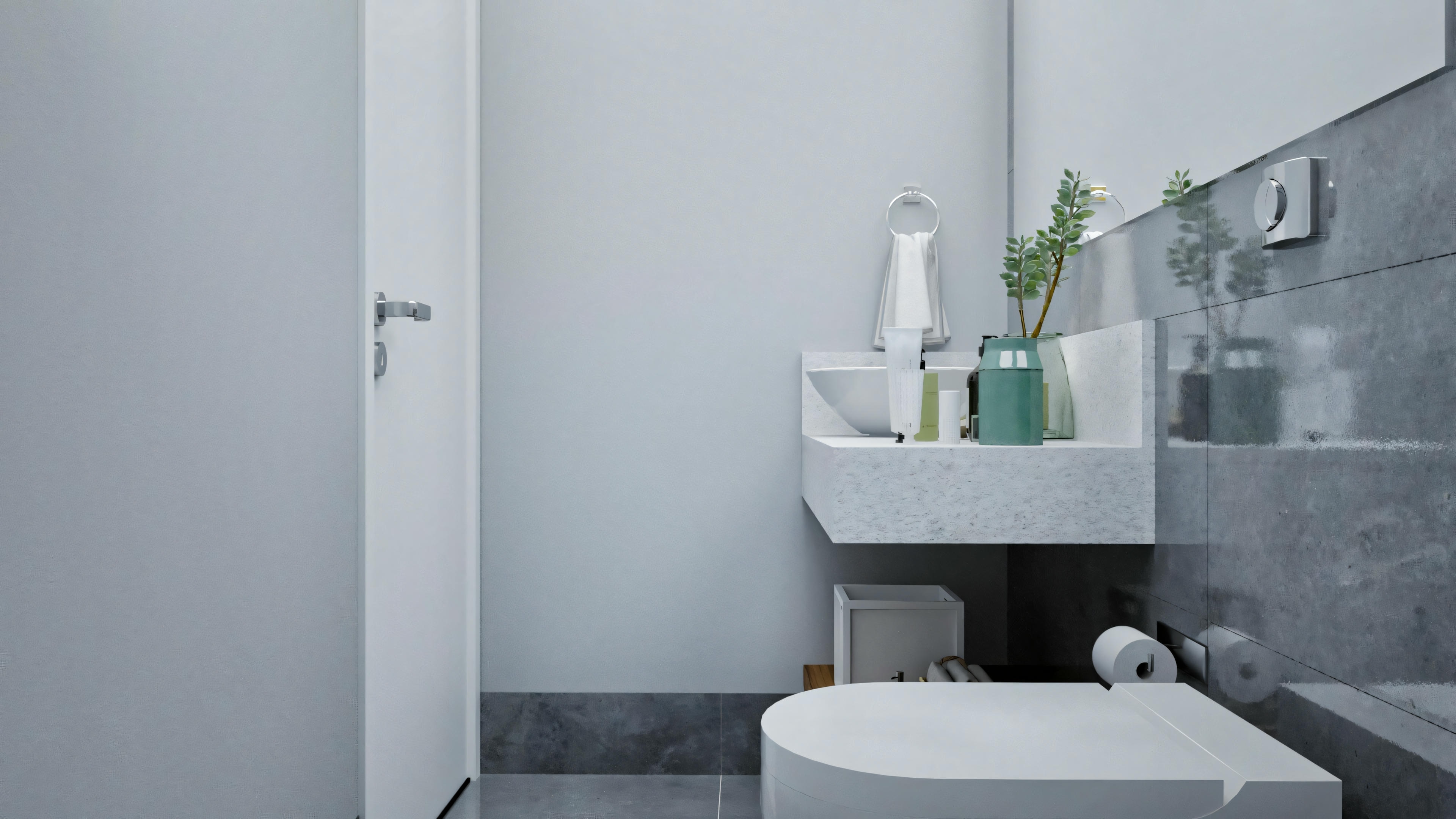 Banheiro moderno com pia, espelho e vários itens de toalete, sugerindo um design contemporâneo.